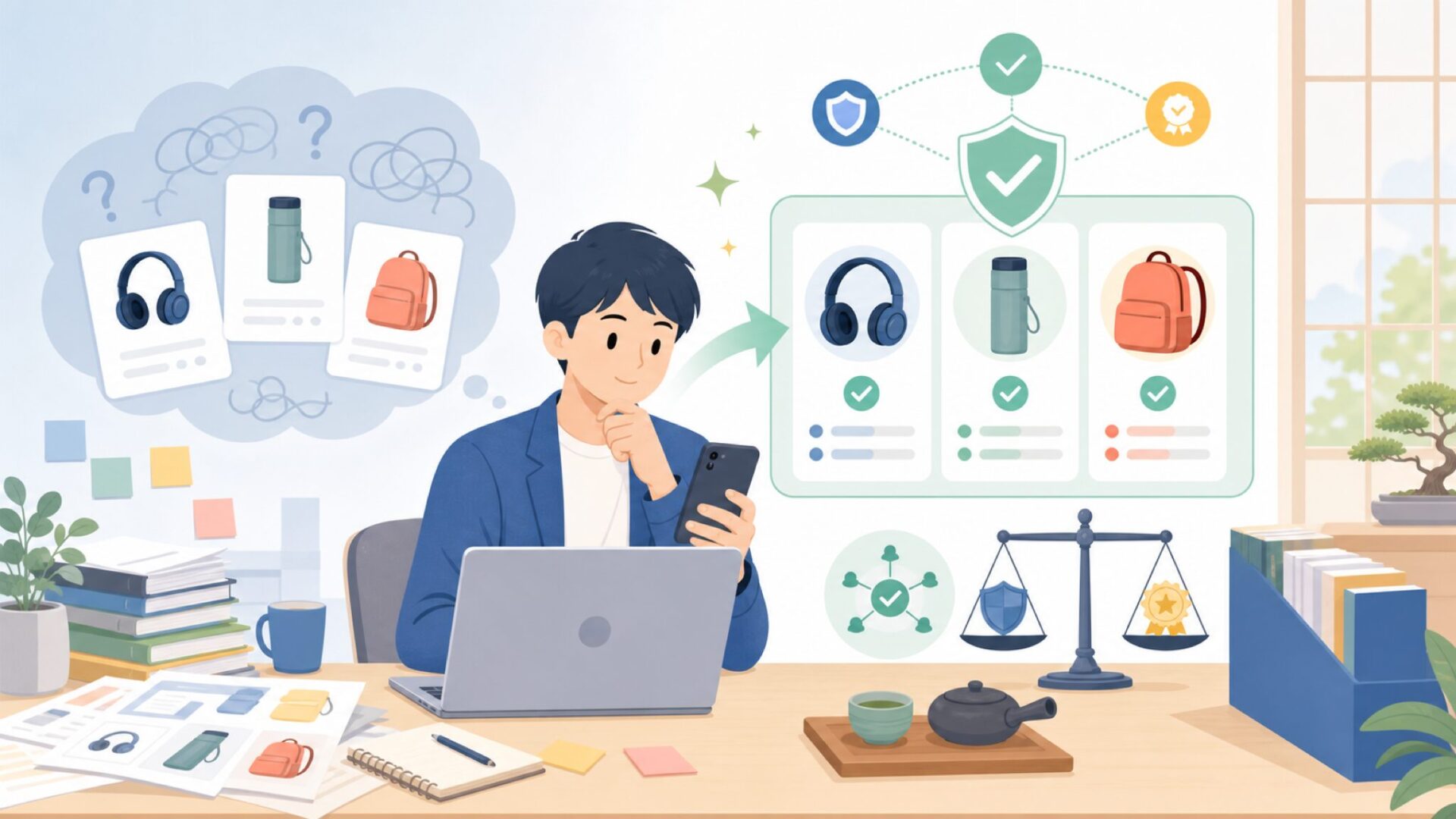 信頼性と品質をどう見極めるかを表すイラスト