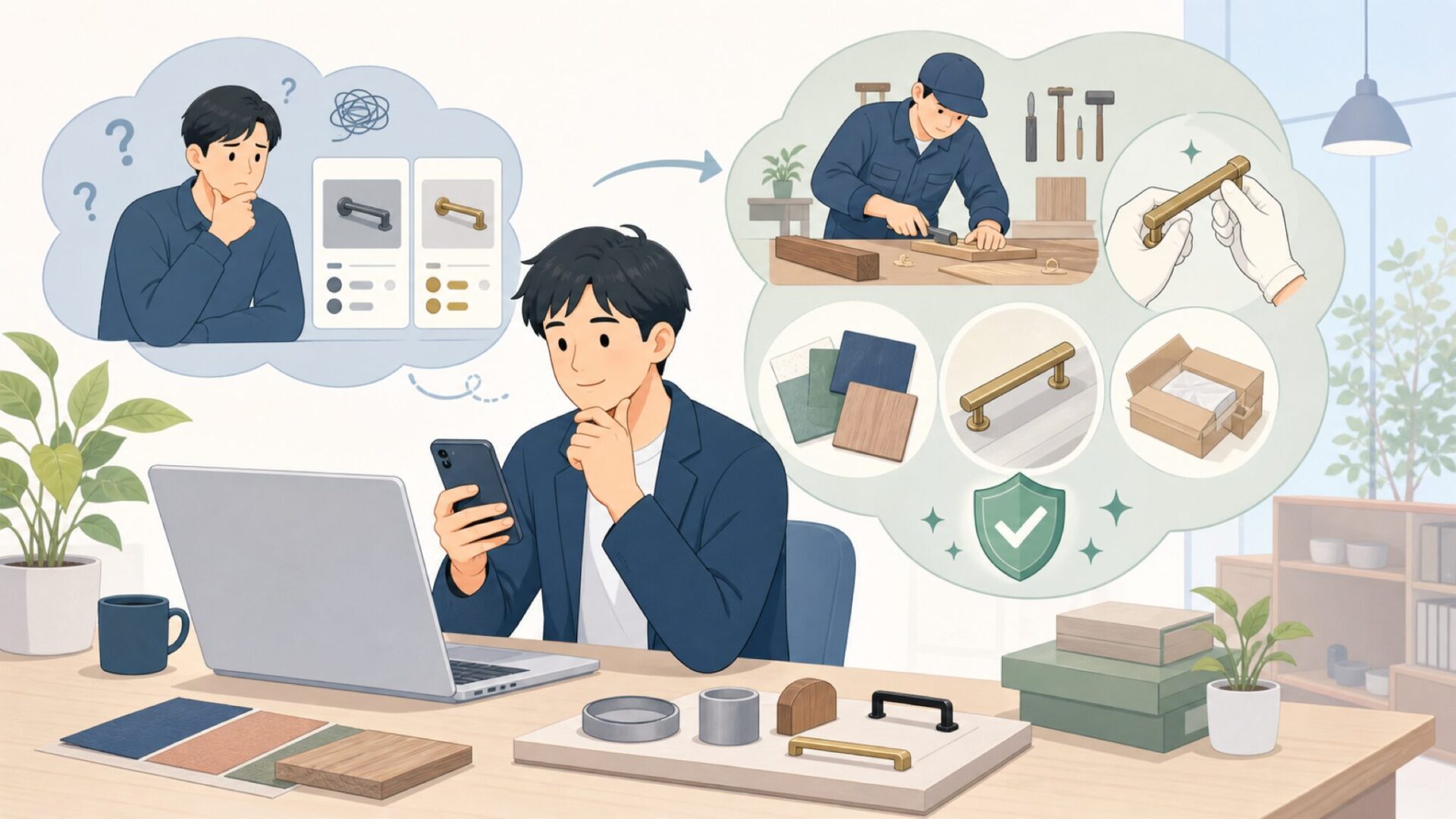 「From Our Workshop to Yours」自社工房と職人気質が品質の根拠を表すイラスト