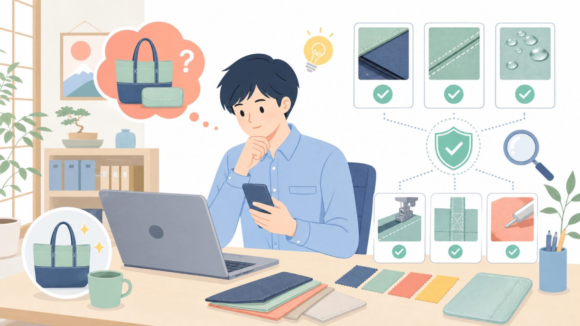 TransitGateの品質は本物か——素材・縫製・耐久性の実態を表すイラスト
