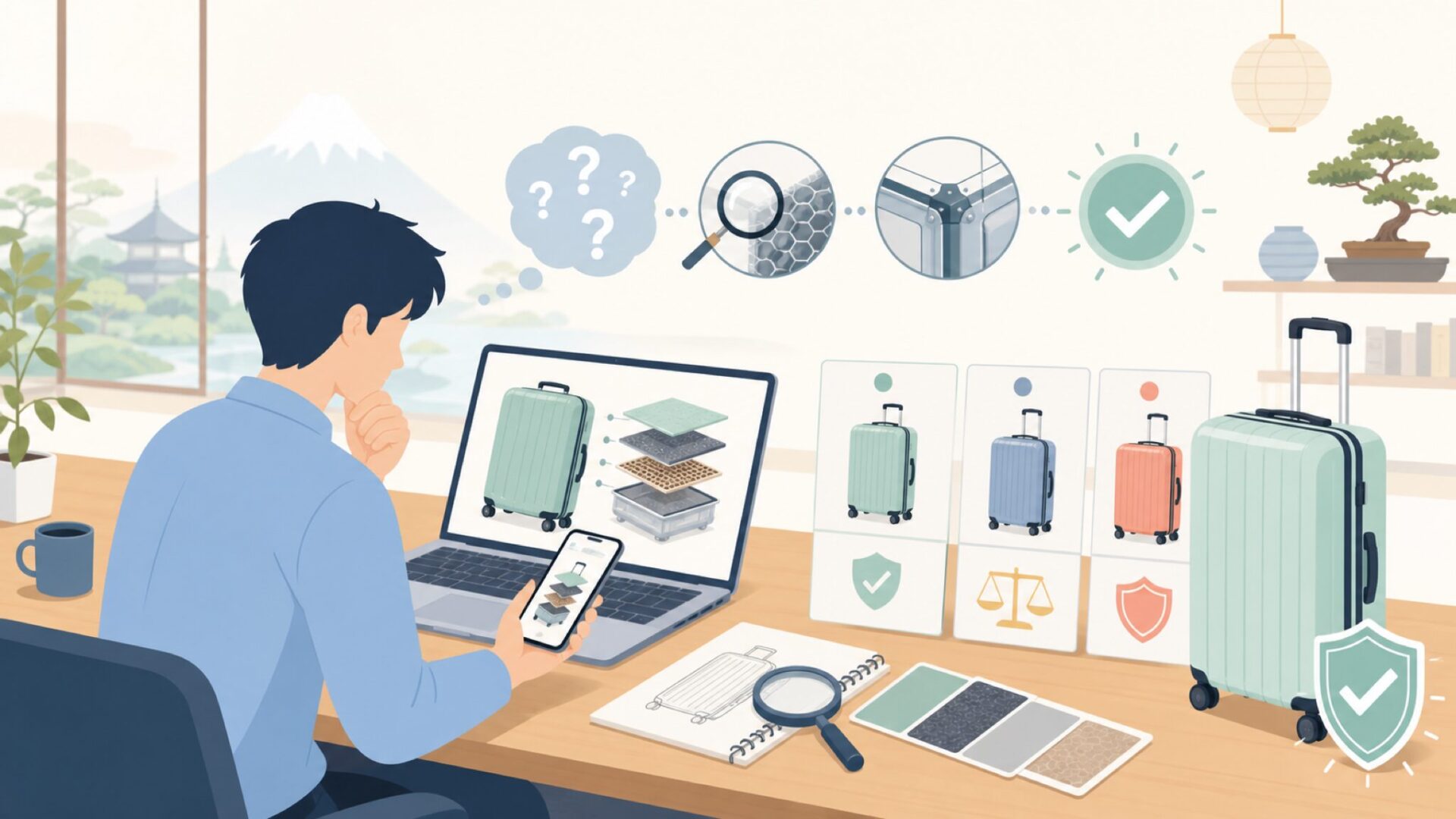 Travistarのスーツケースの品質と耐久性を検証を表すイラスト
