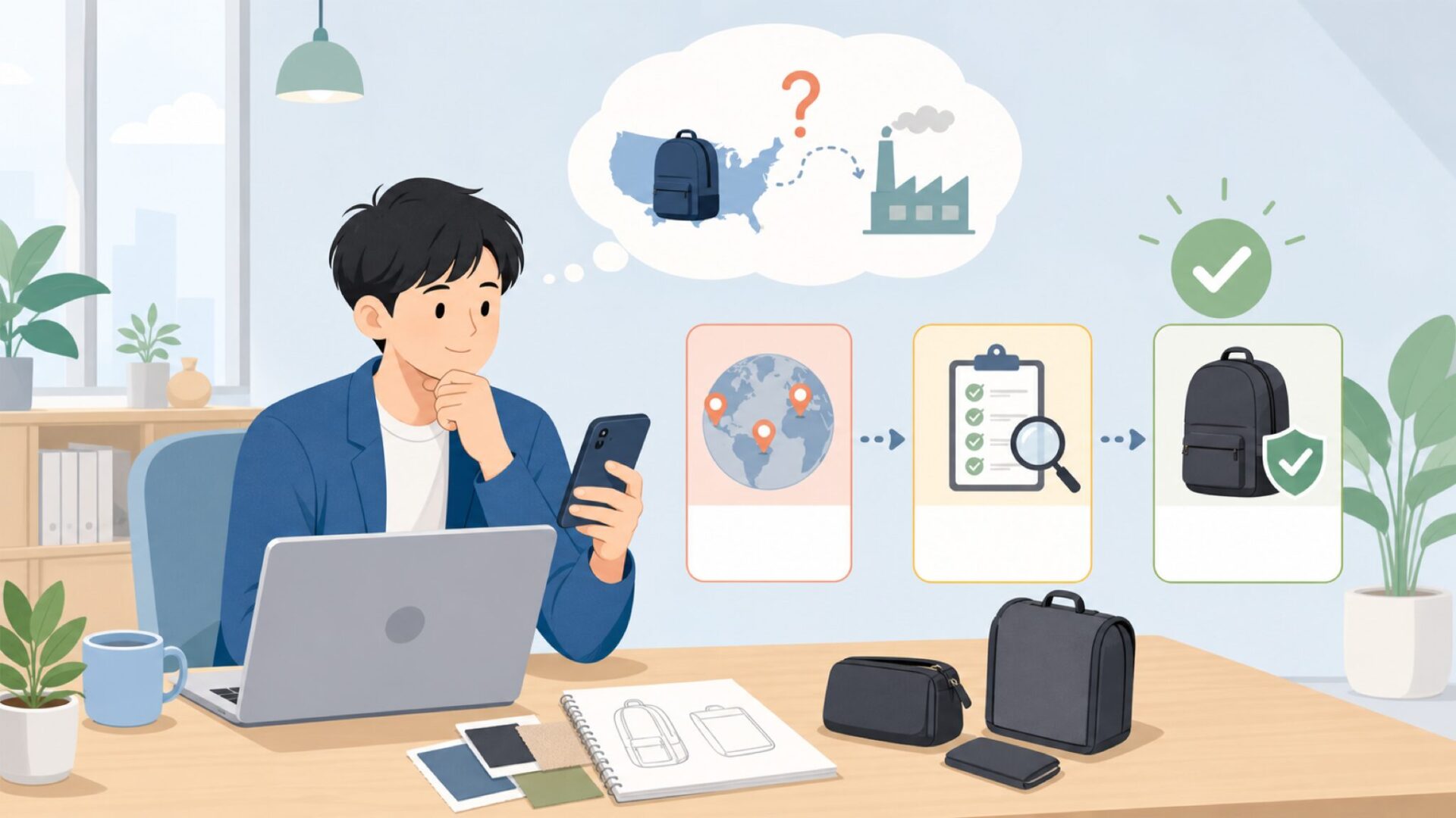 NOMATICの製造拠点と品質管理の実態を表すイラスト
