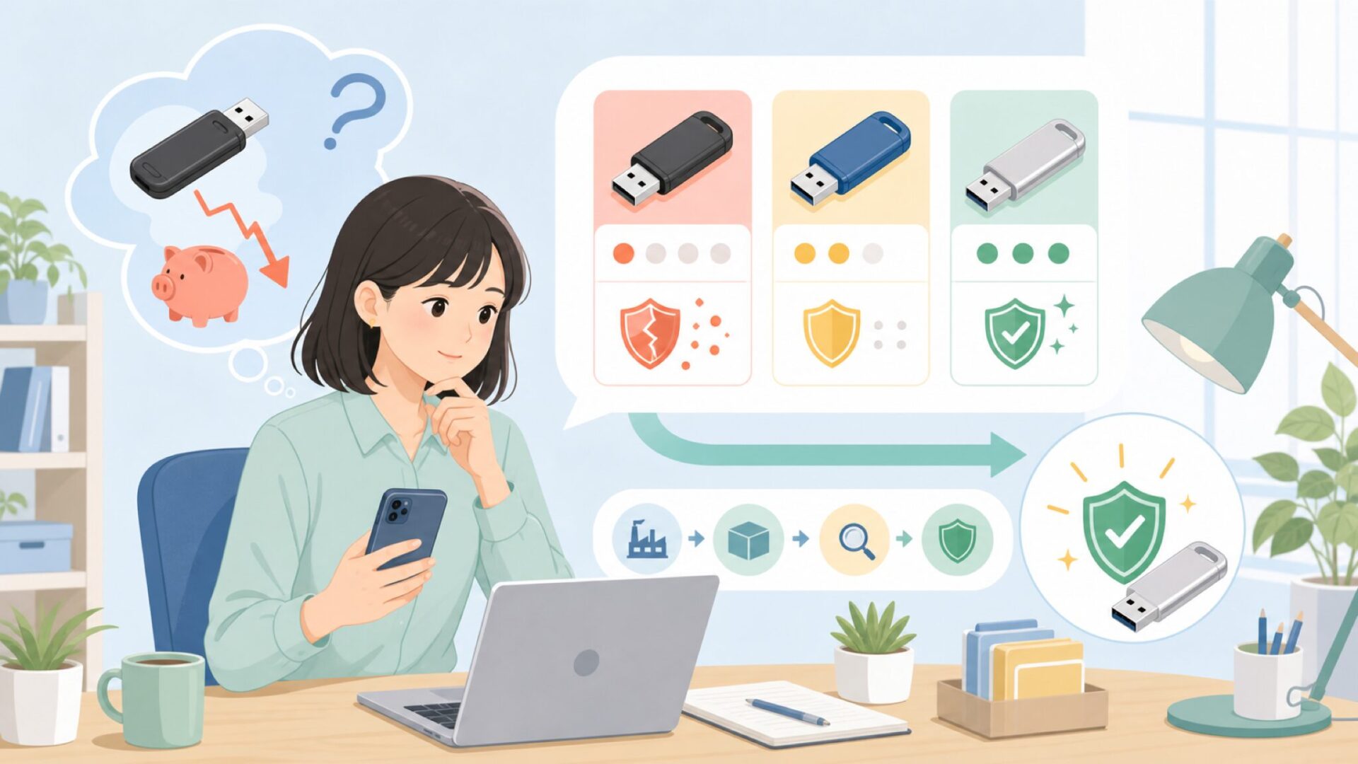 中国系USBメモリが格安な理由と品質のばらつきを表すイラスト