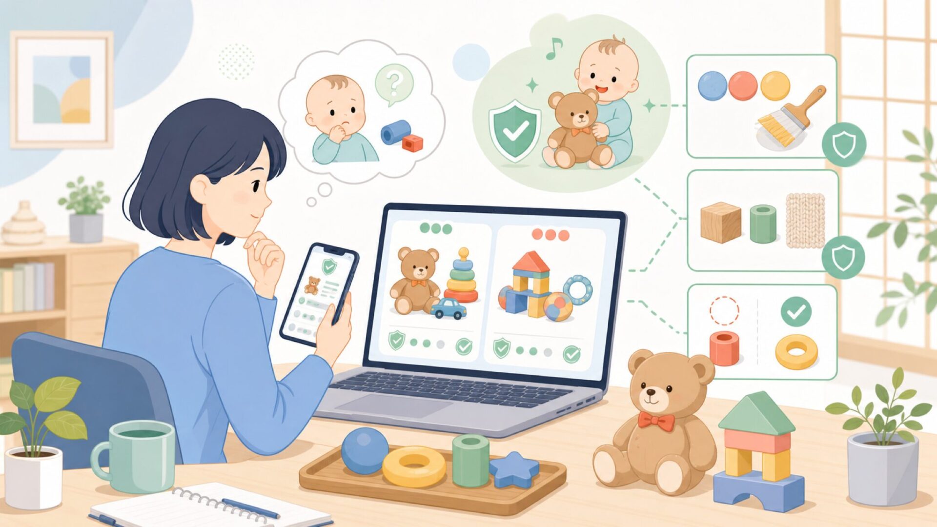 子どもに渡す前に確かめたい安全性と品質のことを表すイラスト