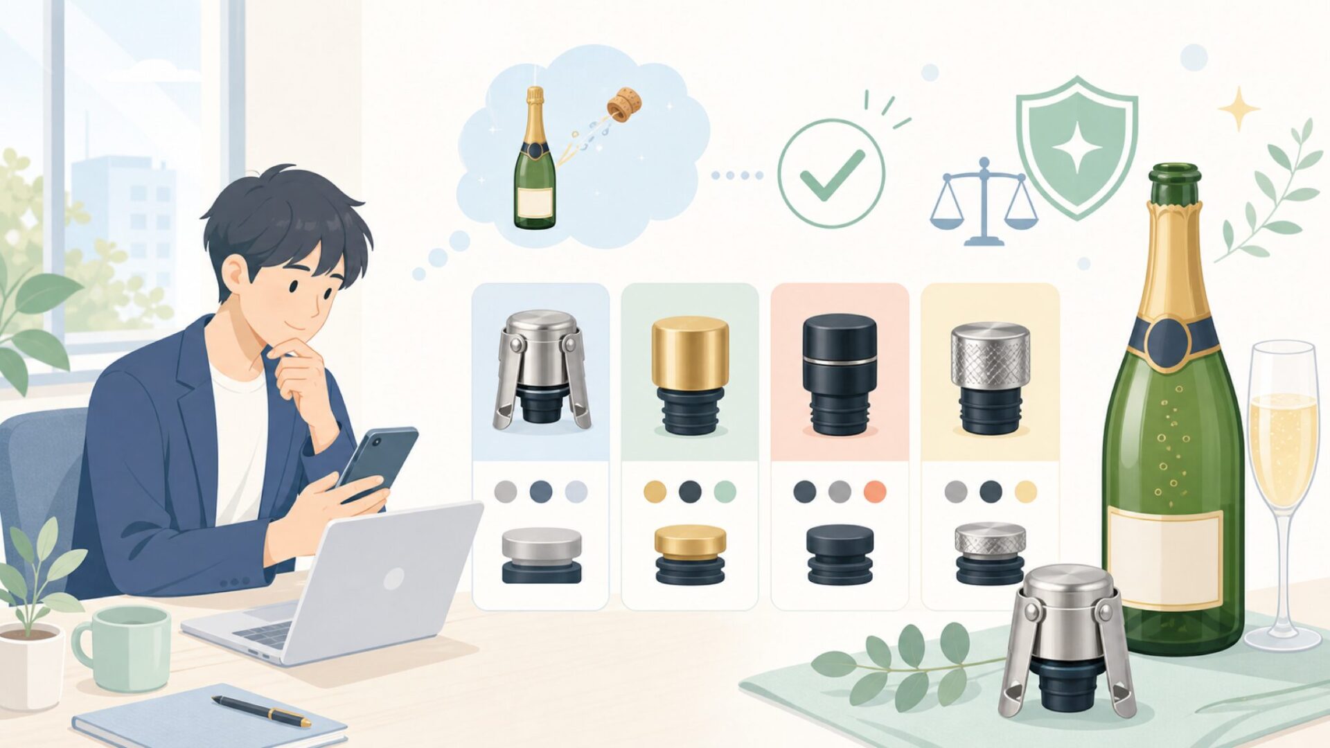 シャンパンストッパーから見るGhidiniの品質感を表すイラスト
