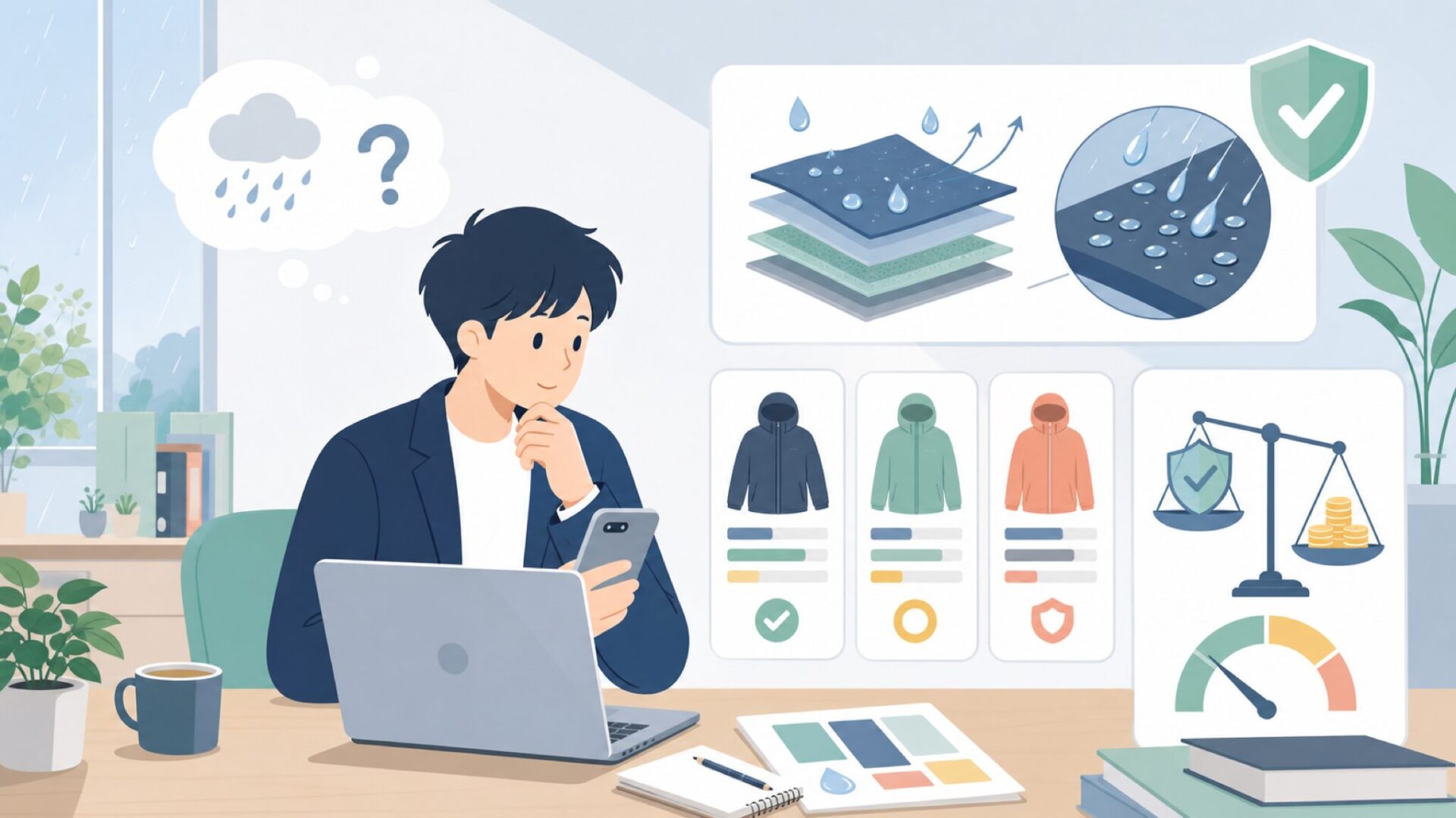 RAINSの素材と防水技術——価格に見合う品質の理由を表すイラスト