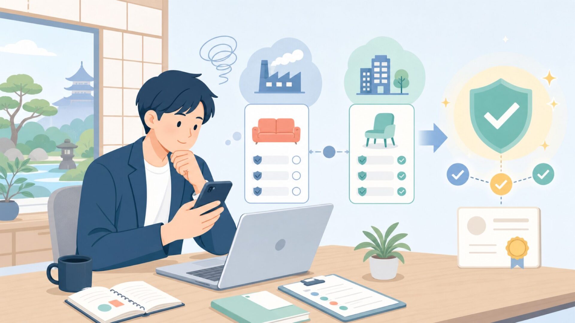 製造国と本社の国は違う？品質と安全規格の裏付けを表すイラスト