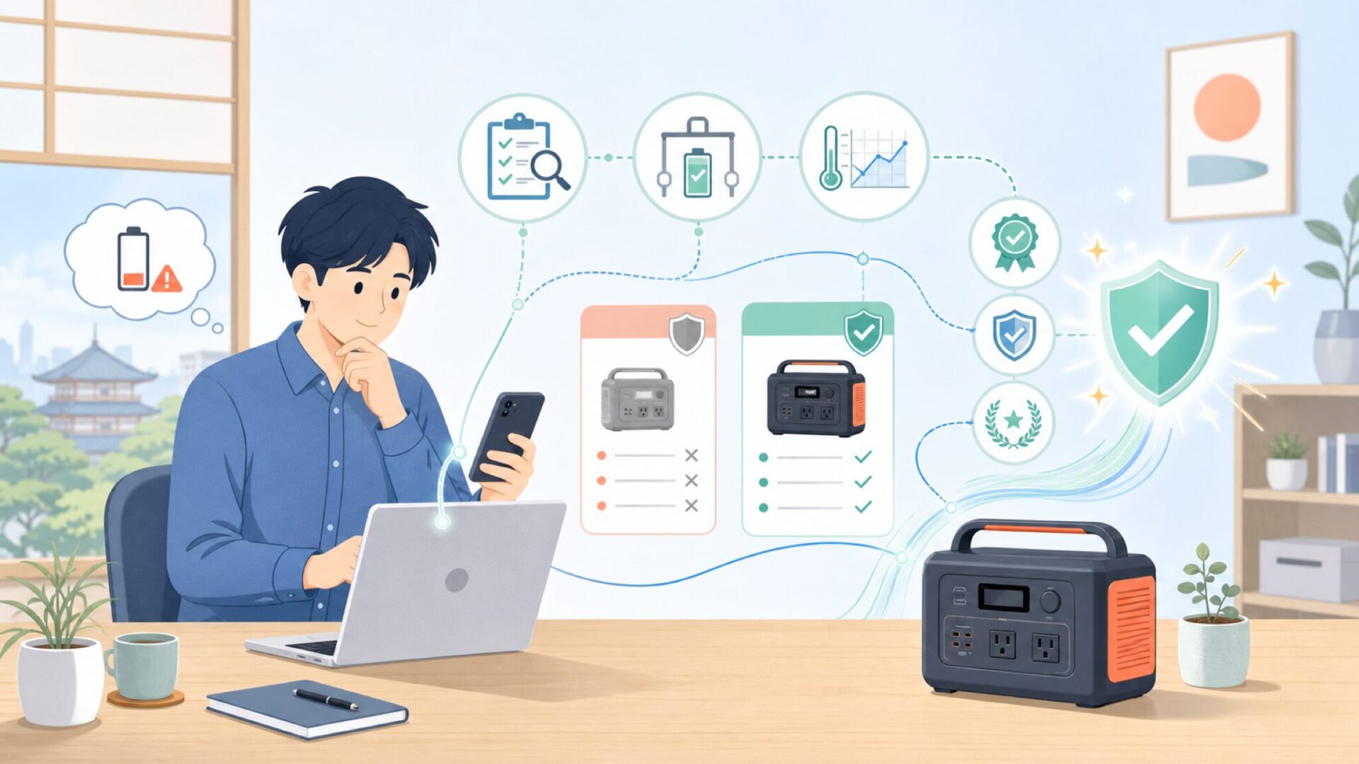 Jackeryの安全性を裏付ける品質試験と認証を表すイラスト