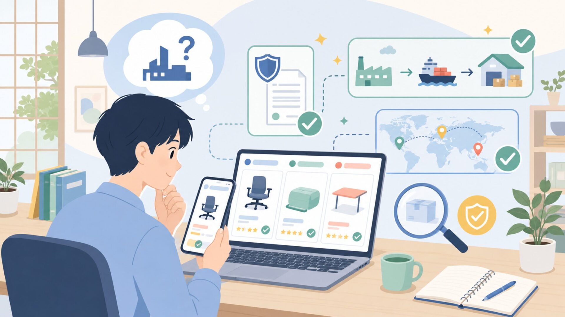 ERGOMAKERはどこの国のメーカー?運営会社と製造国の実態を表すイラスト