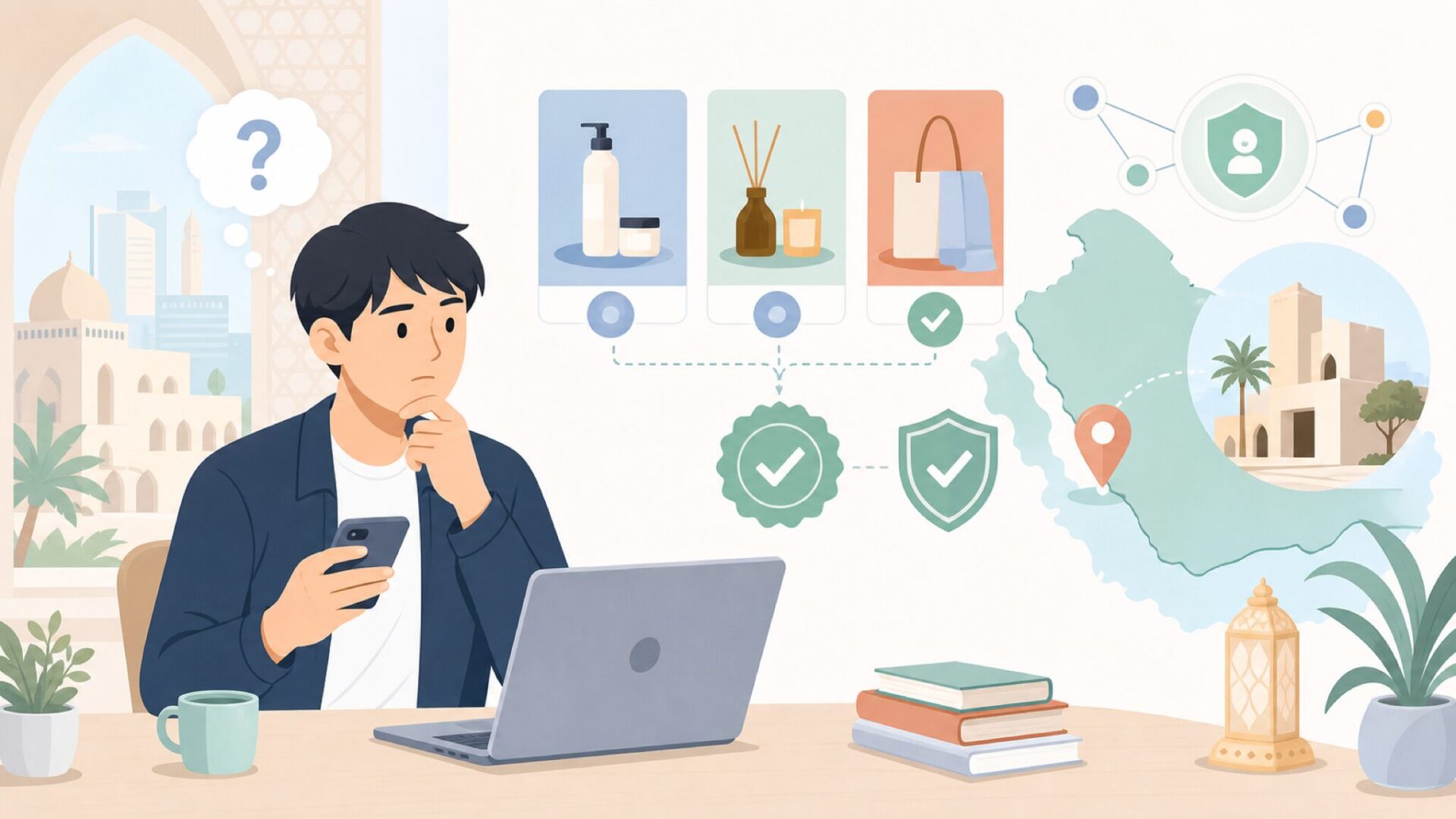 ALABSの本社はUAE（アラブ首長国連邦）——中東発のライフスタイルブランドを表すイラスト