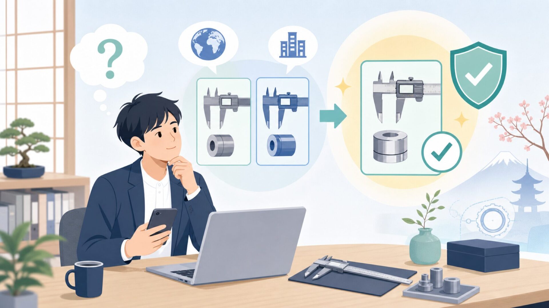 ミツトヨはどこの国のメーカー?結論は「日本」の精密測定機器企業を表すイラスト