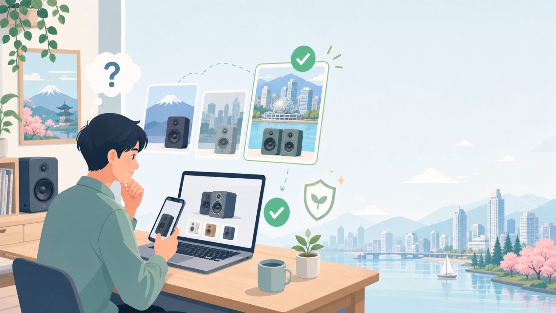 Kanto Audioはどこの国のブランドか — カナダ・バンクーバーからの答えを表すイラスト