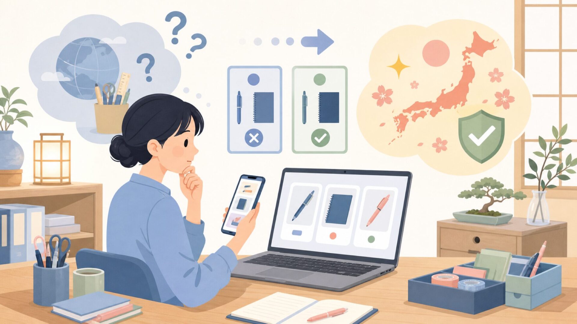 Midori文具はどこの国？答えは「日本」ですを表すイラスト