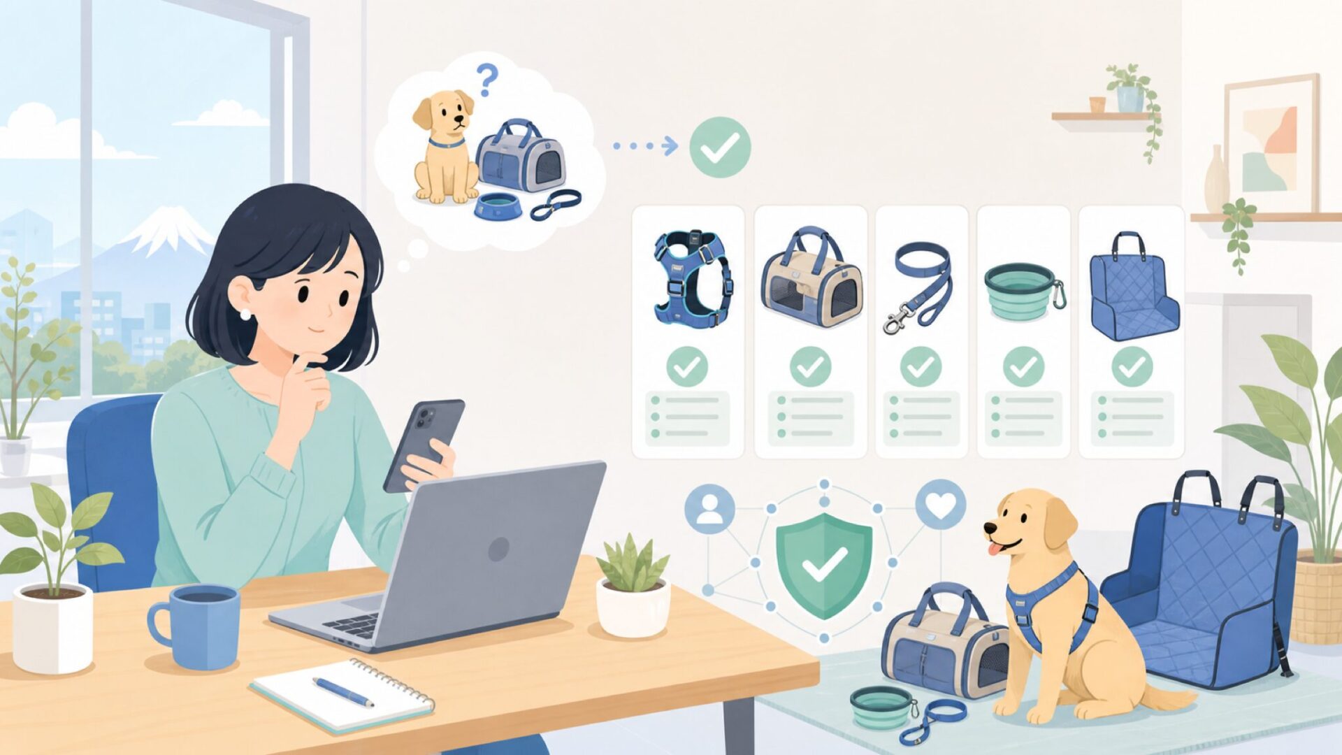 Kurgoはアメリカ生まれの犬用トラベルギア専門ブランドを表すイラスト
