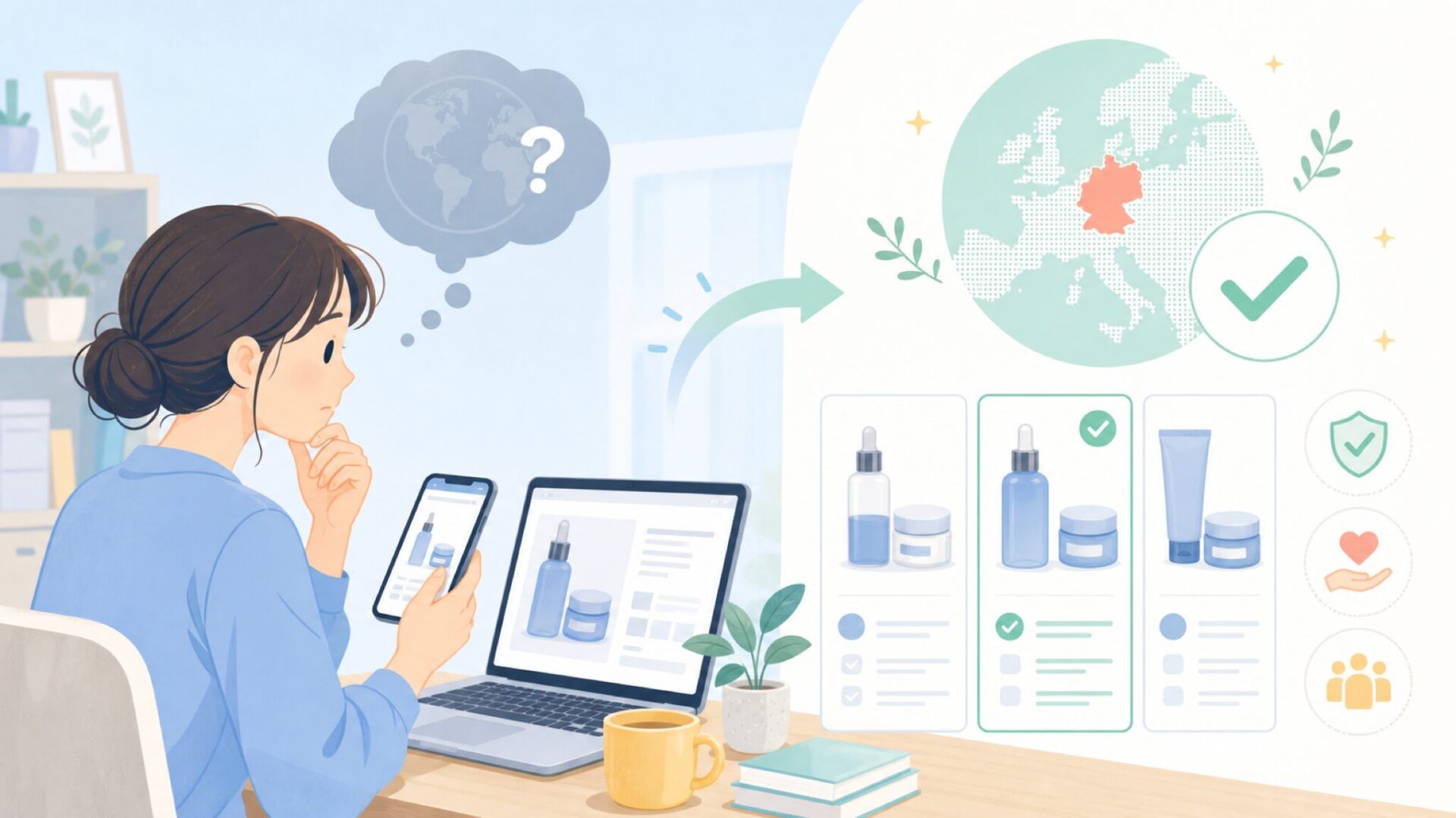 essence cosmeticsはドイツで生まれたブランドですを表すイラスト