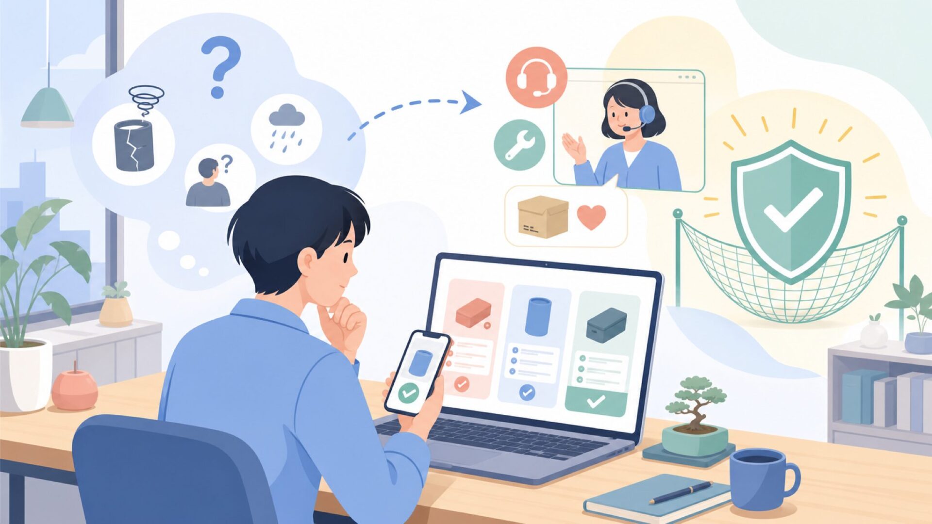MYCARBONのサポートと保証はどこまで頼れるかを表すイラスト