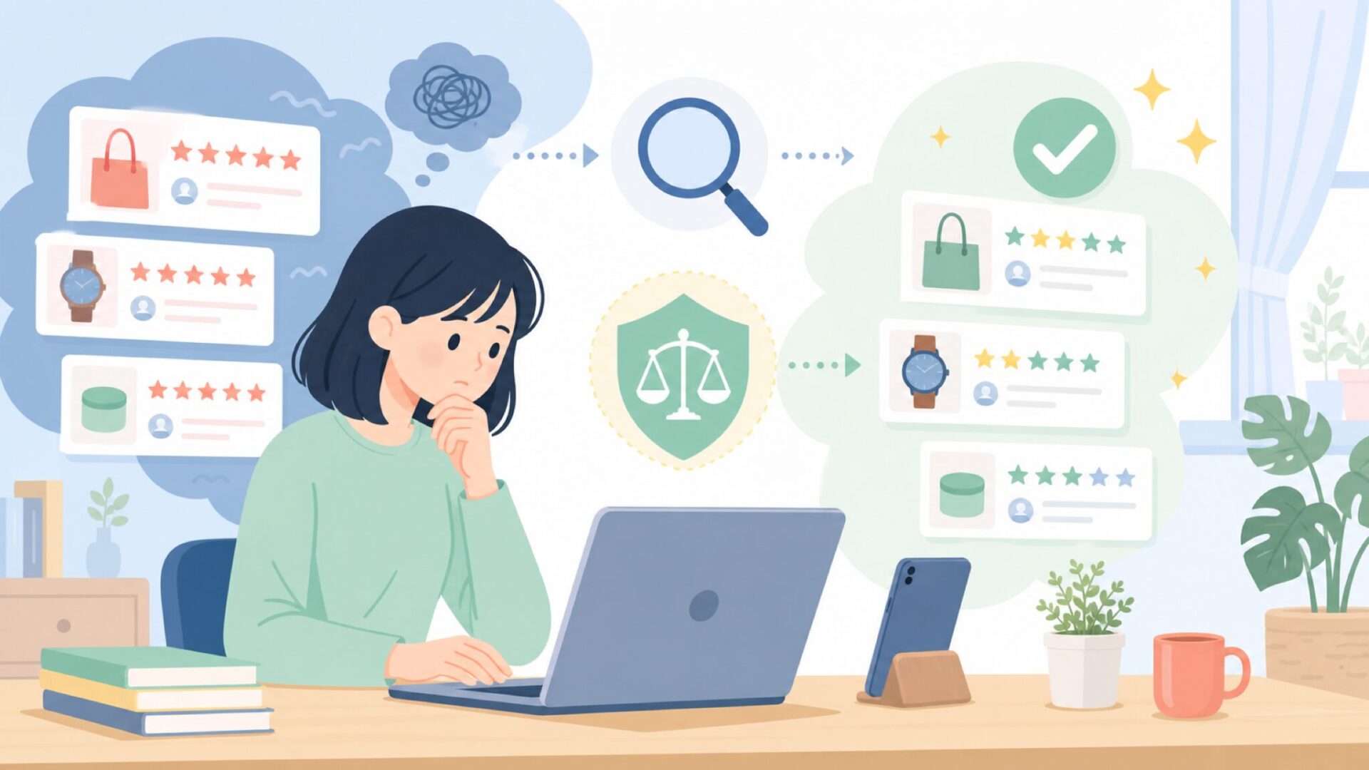 YOTONの口コミ・レビューは信用できる?サクラの見抜き方を表すイラスト