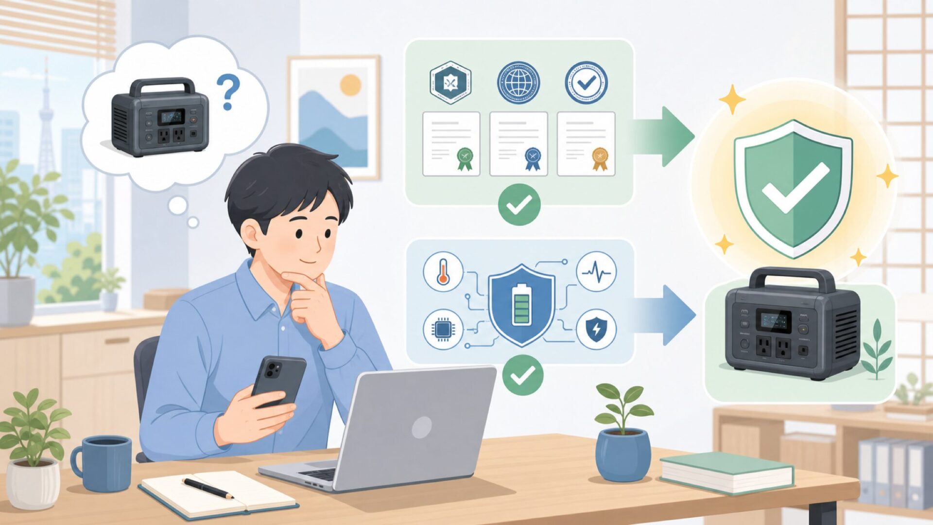 中国製ポータブル電源は安全？AFERIYの安全性を「認証」と「仕組み」で確かめるを表すイラスト