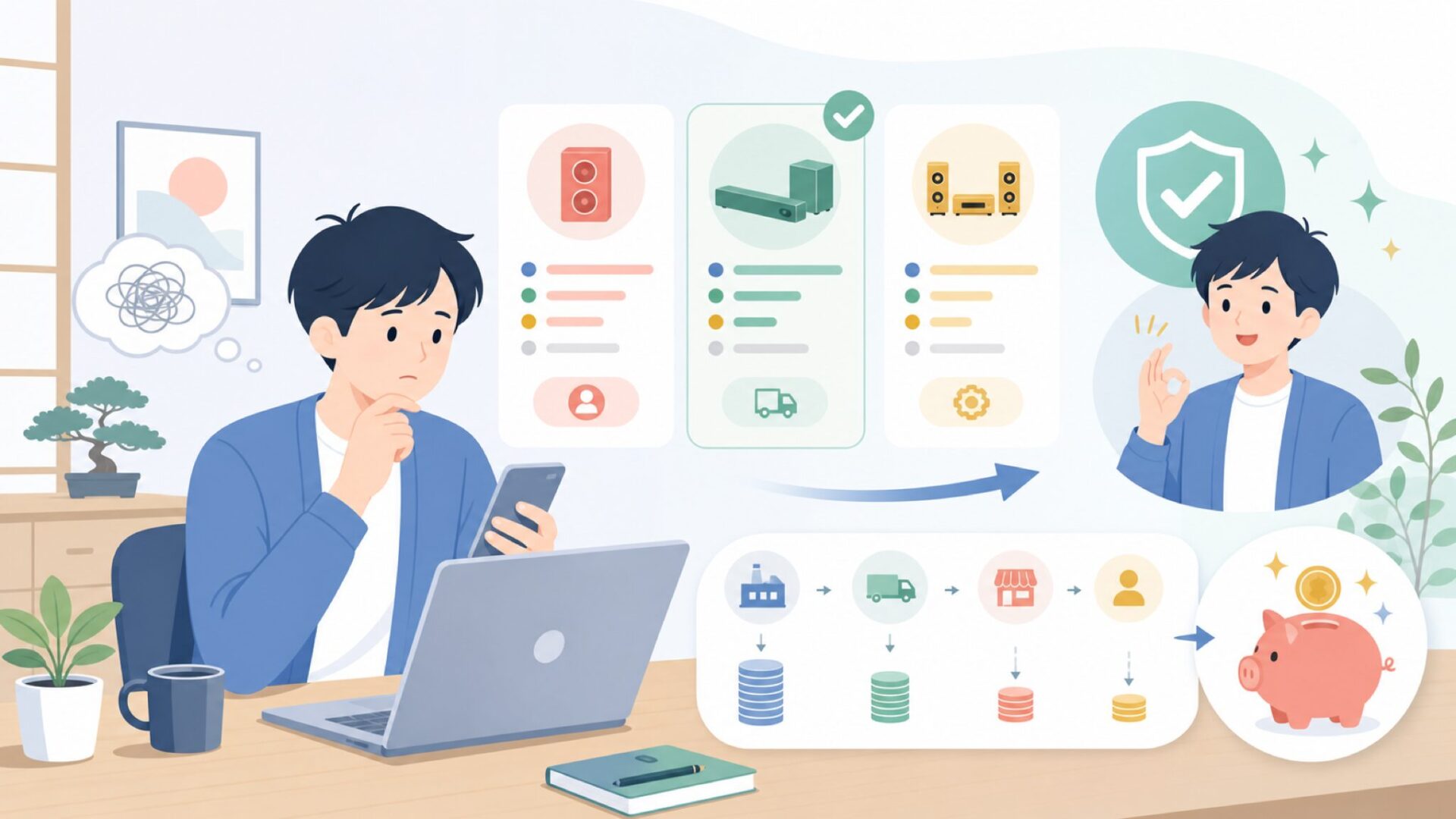 なぜこんなに安い？ULTIMEAの価格のカラクリを解剖を表すイラスト