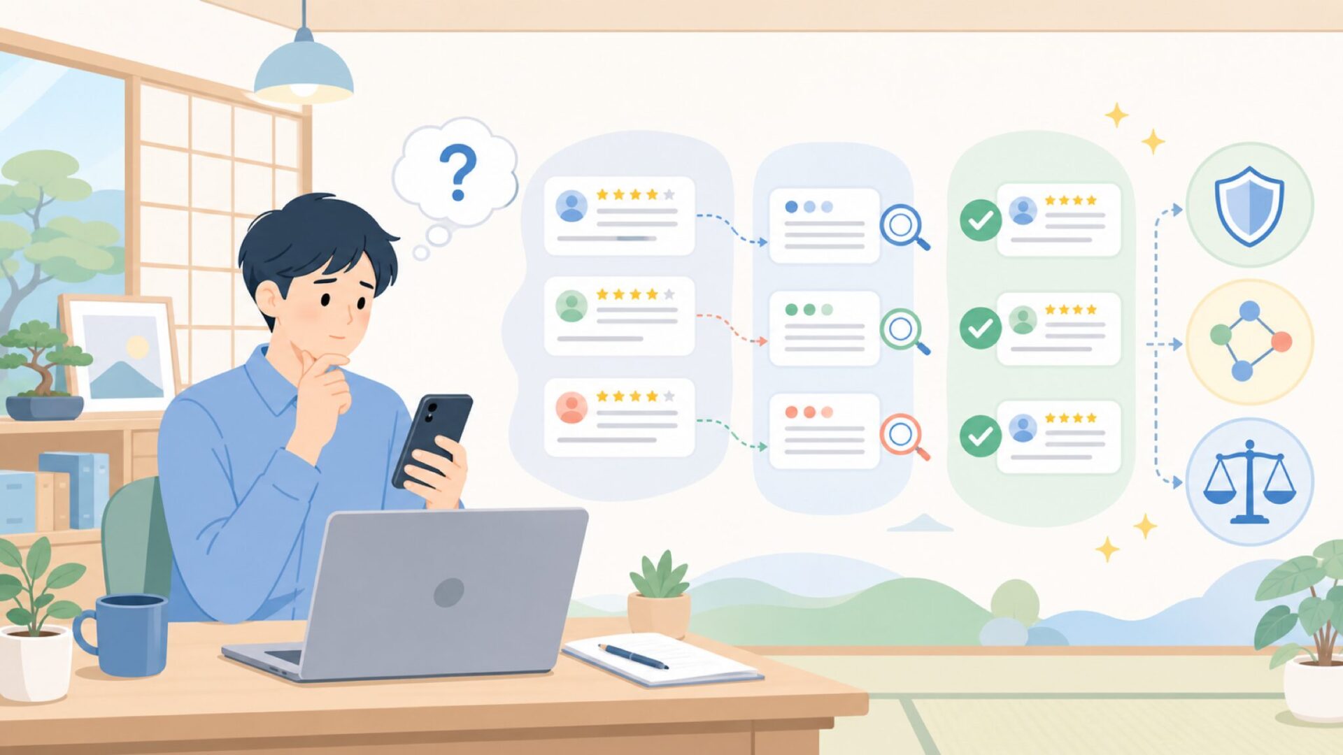 Sovboiは詐欺？サクラ評価の噂を自分で検証する方法を表すイラスト