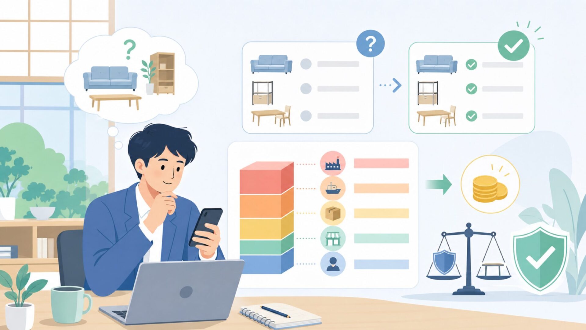 なぜHOMCOMは安いのか？価格のからくりを分解を表すイラスト