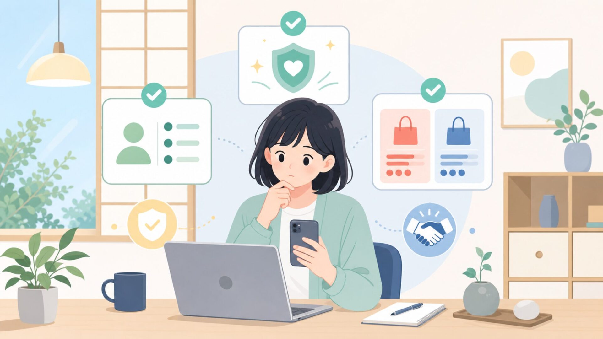 DEVAISEは買って大丈夫？無名ブランドの不安を解消する3つの視点を表すイラスト