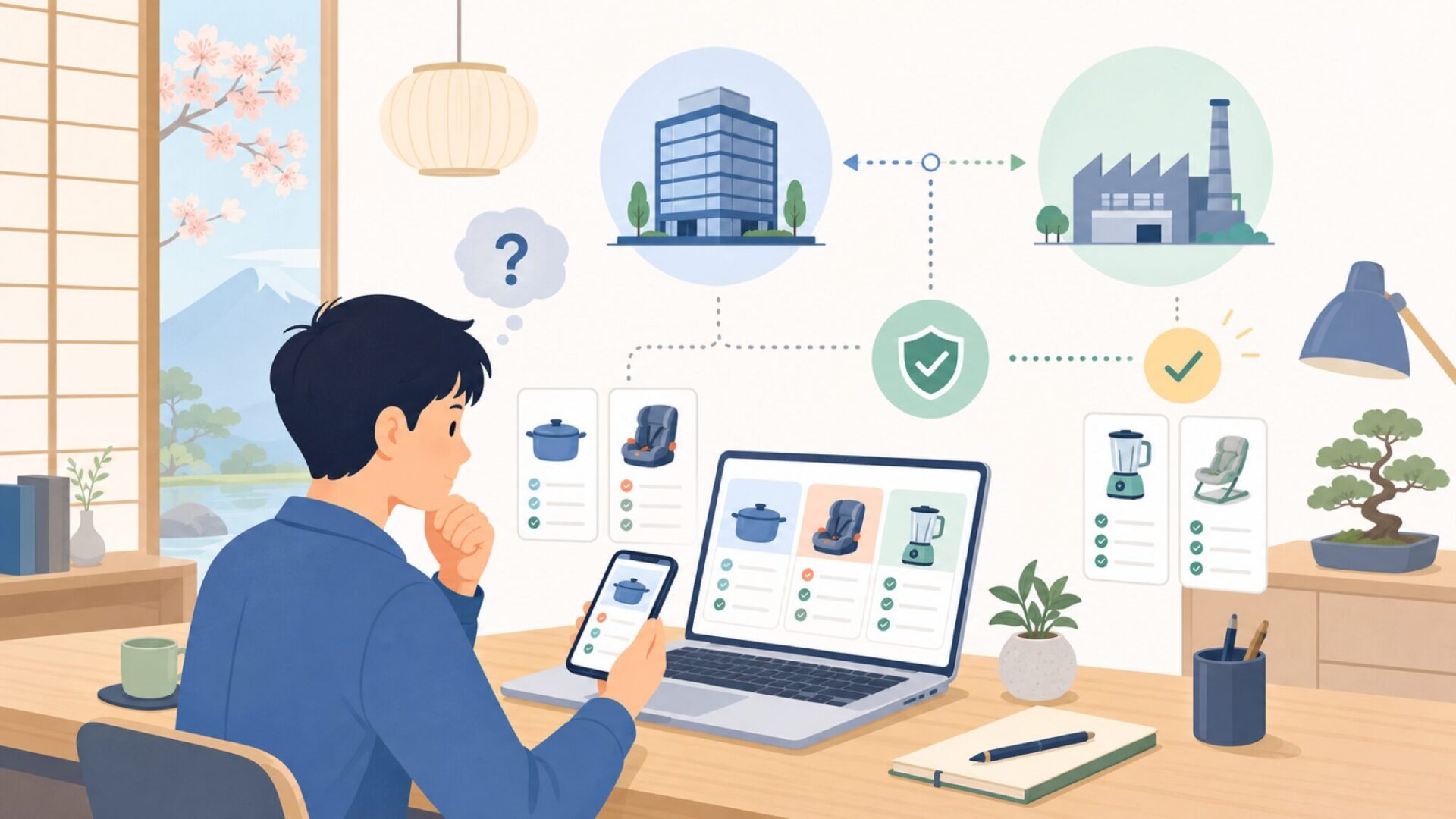Secura製品はどこで作られている?本社と工場の役割分担を表すイラスト