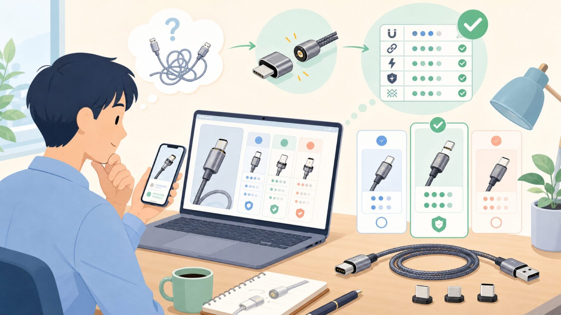 Kuulaaの代表製品「マグネット式充電ケーブル」のスペックを徹底解説を表すイラスト