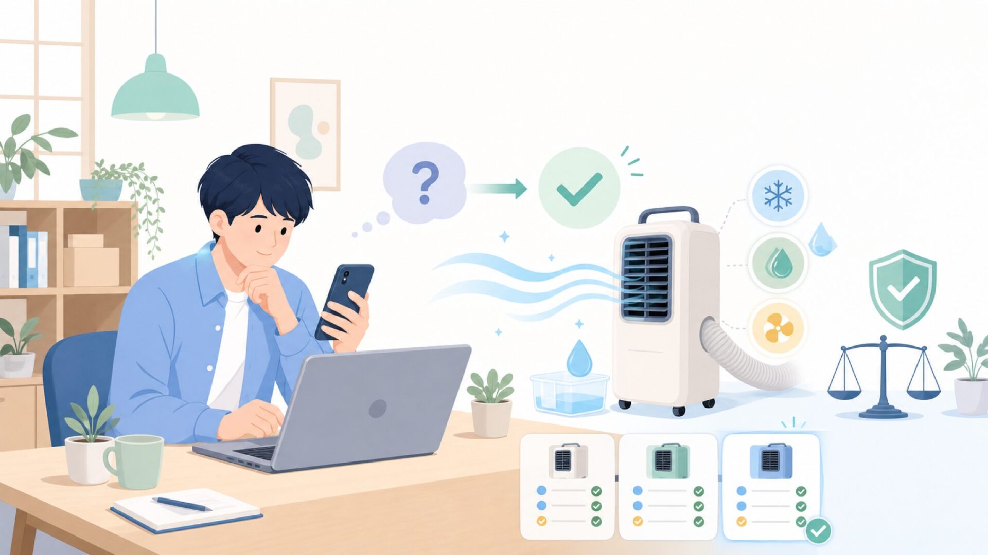 EUHOMYスポットクーラーの機能は本物か｜冷却・排水・多機能を検証を表すイラスト