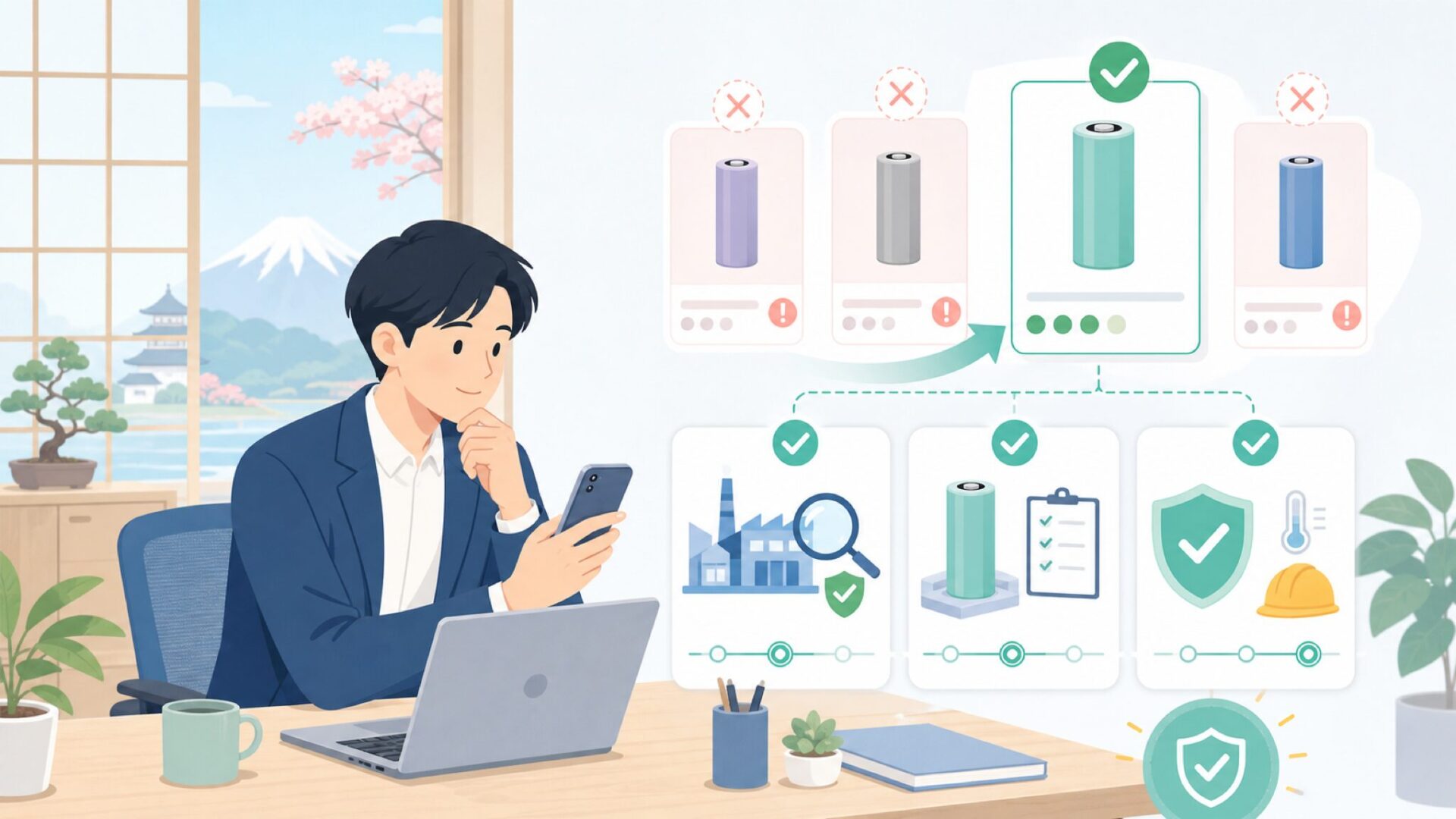 中国製バッテリーを安全に選ぶための3つのチェックポイントを表すイラスト