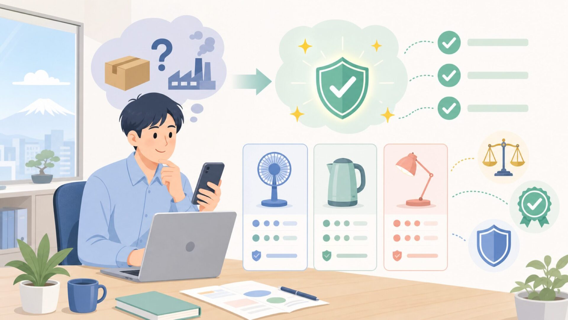 「中国製だから不安」という感覚を解消する3つの根拠を表すイラスト