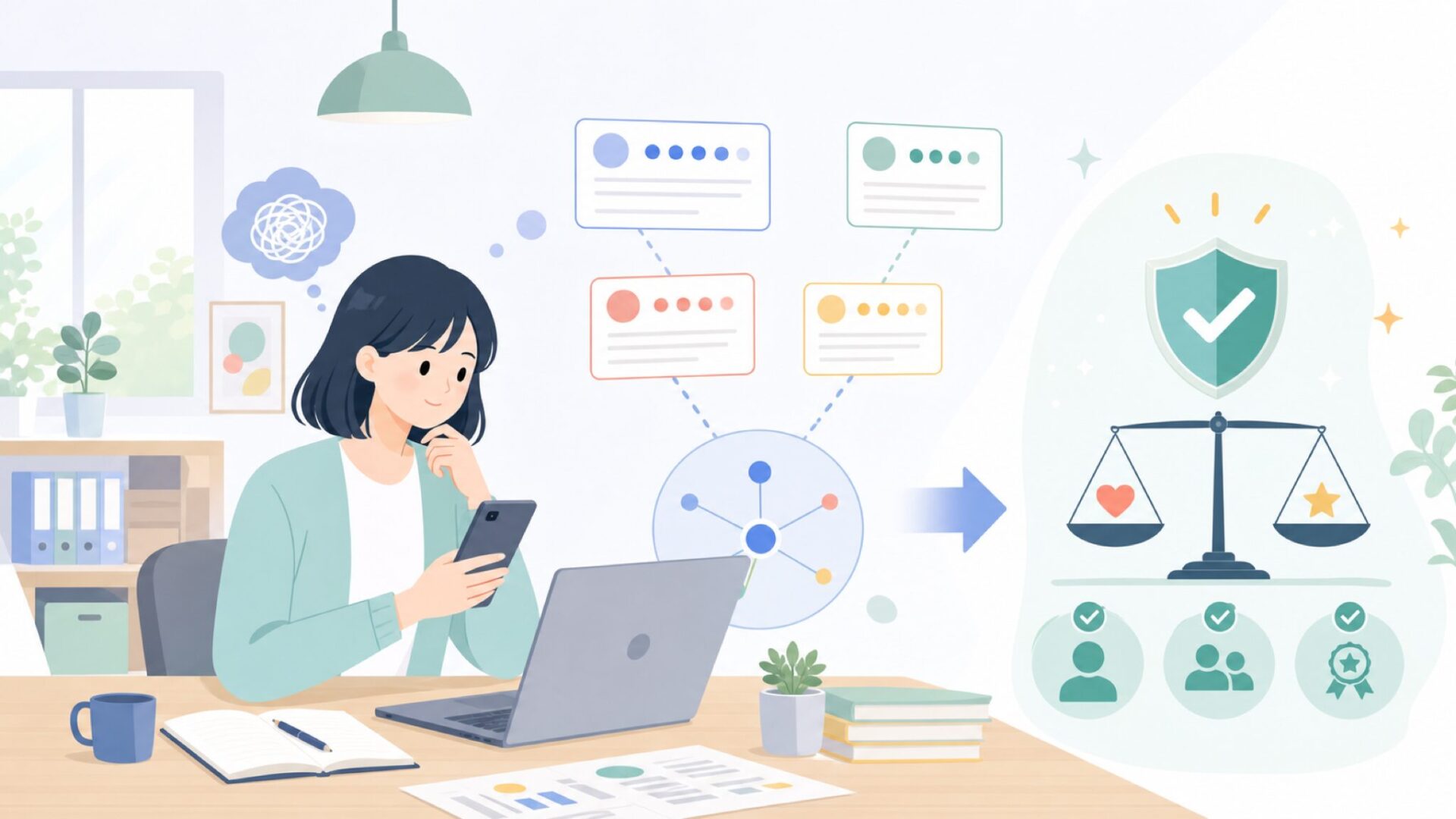 実際のユーザー評価と口コミを分析するを表すイラスト