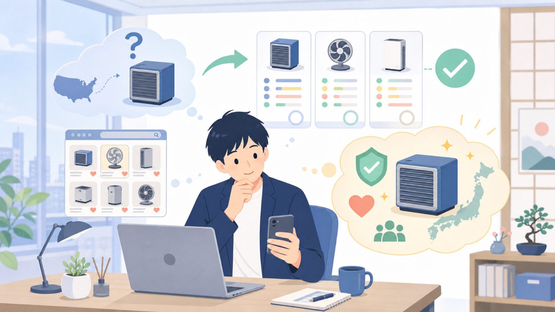 日本でHESSAIREの知名度が低い理由と、Amazonで見かける背景を表すイラスト