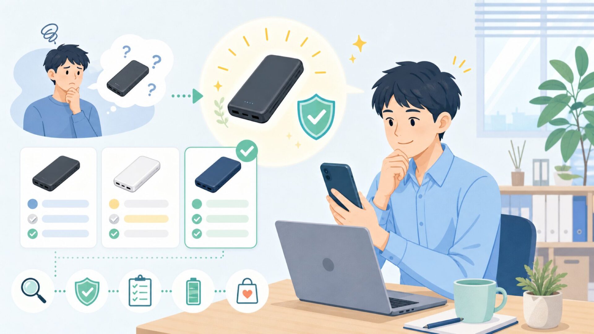 購入前5分でできるモバイルバッテリーの安全チェックを表すイラスト