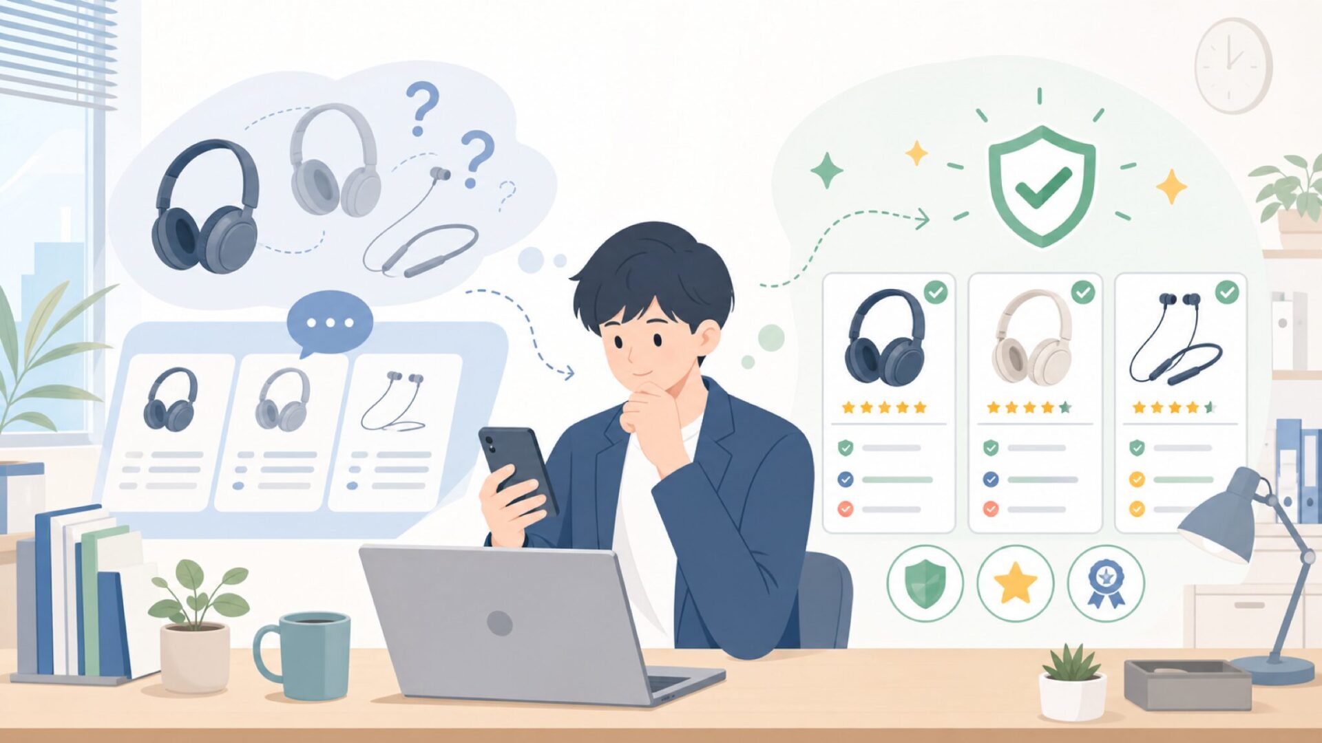 中国製ヘッドホンは本当に大丈夫？不安を解消する3つの根拠を表すイラスト