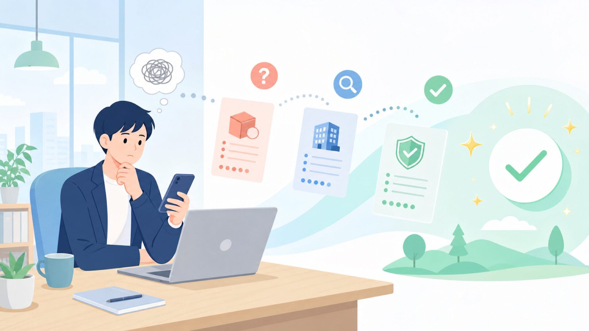 「怪しくないの？」── 信頼性を企業データで確認するを表すイラスト