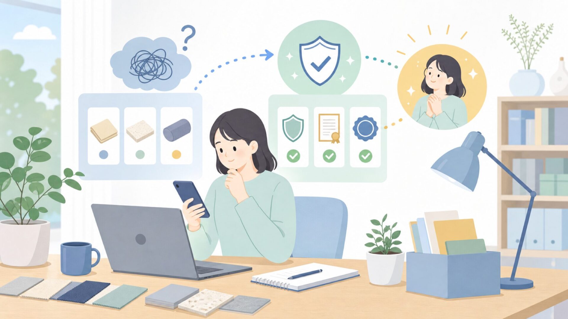 本当に大丈夫？素材・安全基準・認証で確認するNormcoreの信頼性を表すイラスト