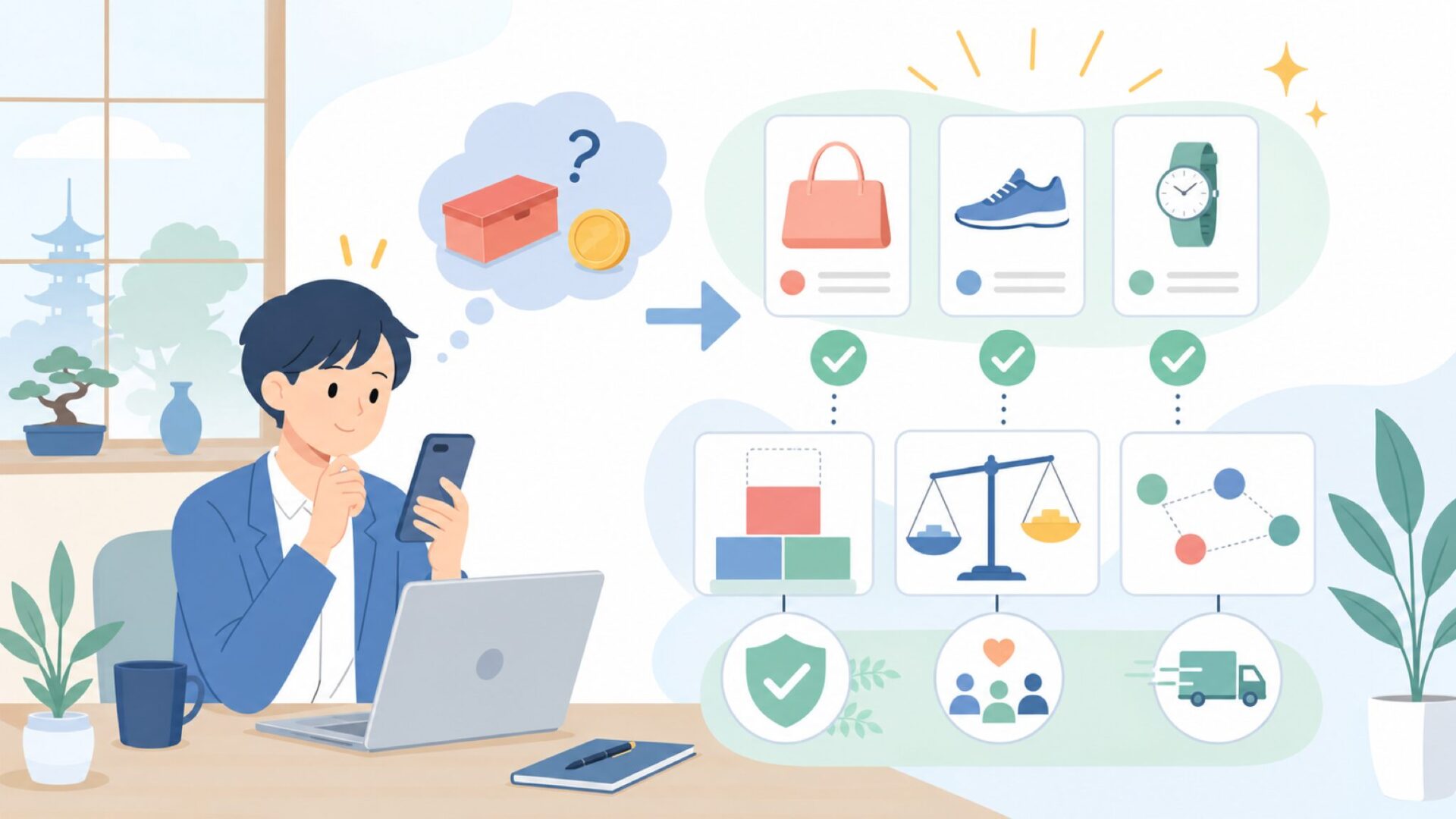 あの価格の謎が解けた — Gotureが低価格でも成立する3つの理由を表すイラスト