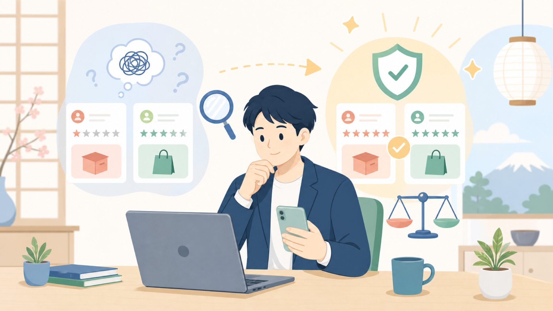 HOMIEEの評判・口コミは信用できるのか — サクラの真偽を見極めるを表すイラスト