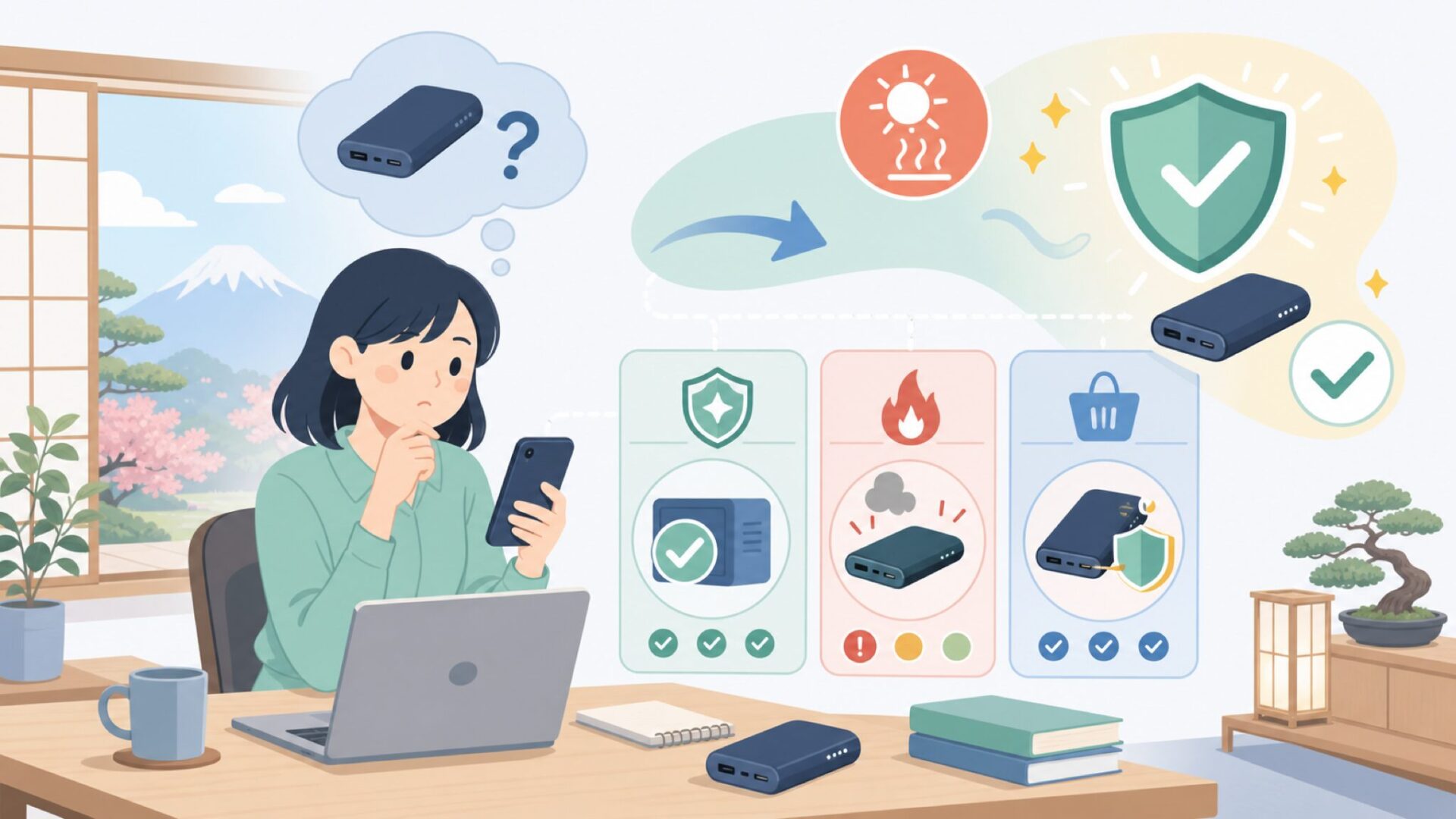 モバイルバッテリーは買って大丈夫？電源系・発熱系の安全性を表すイラスト
