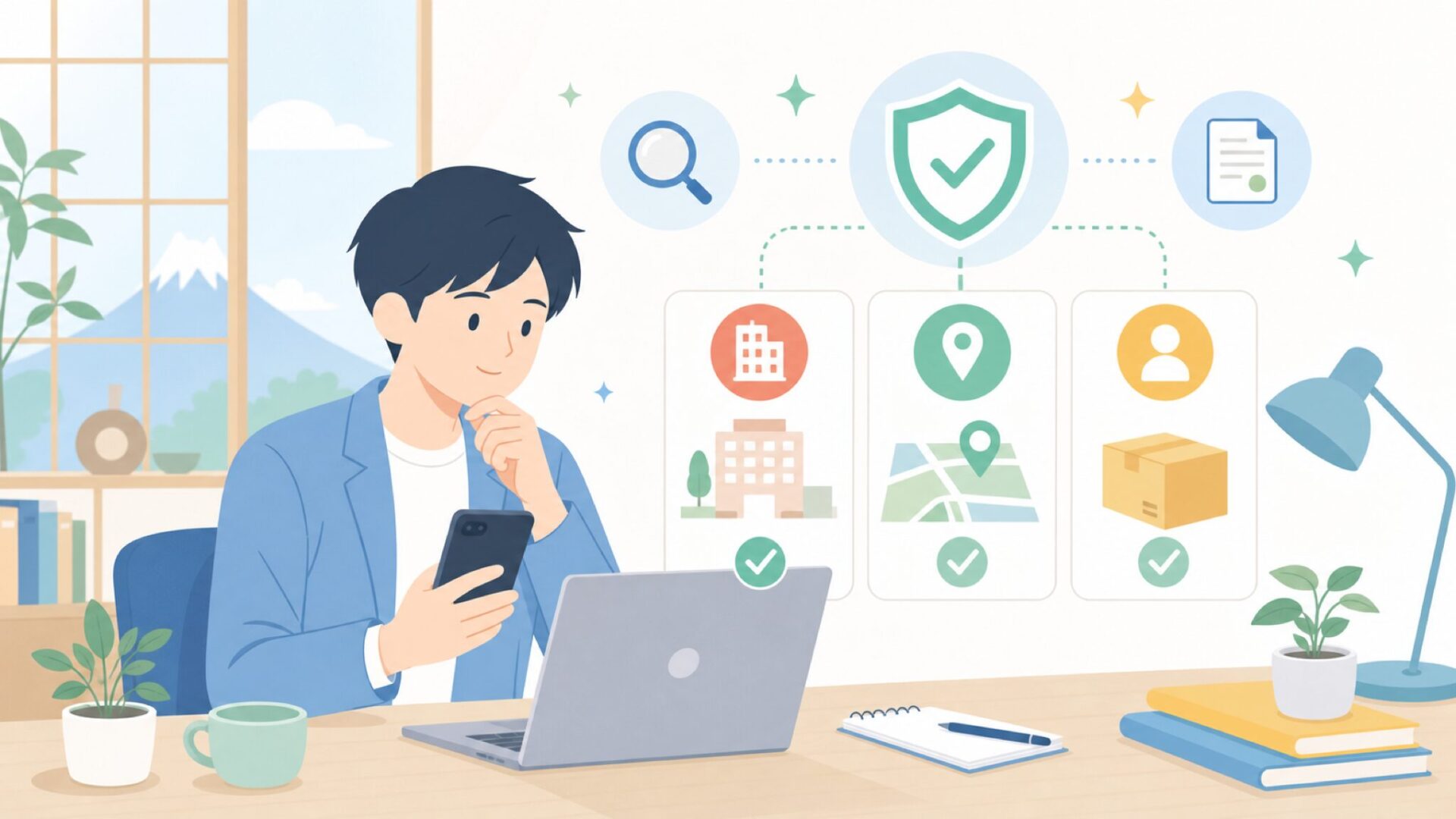 運営会社と本社所在地を自分で確かめる方法を表すイラスト