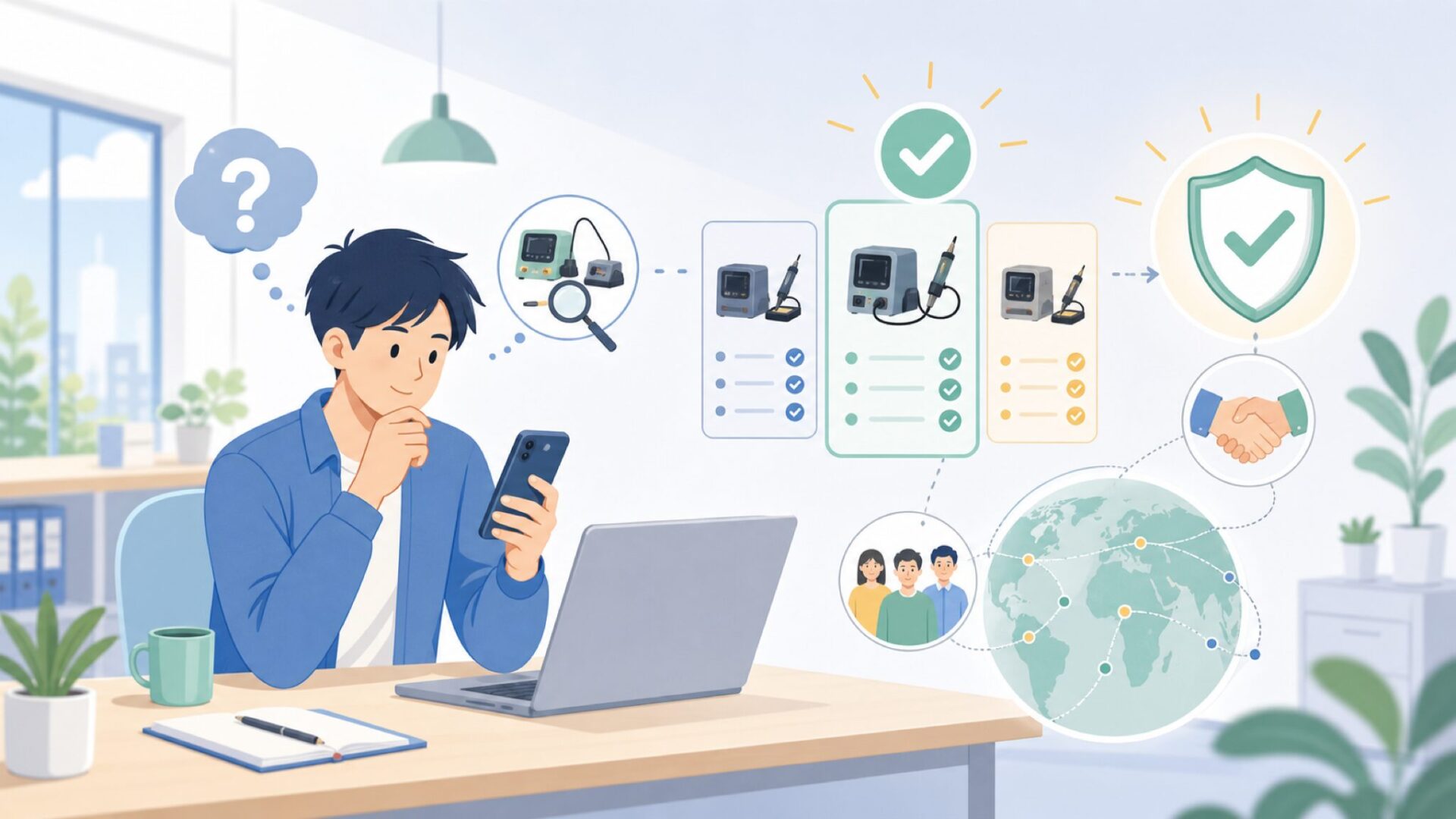 SUGONが世界の修理技術者に選ばれる理由を表すイラスト