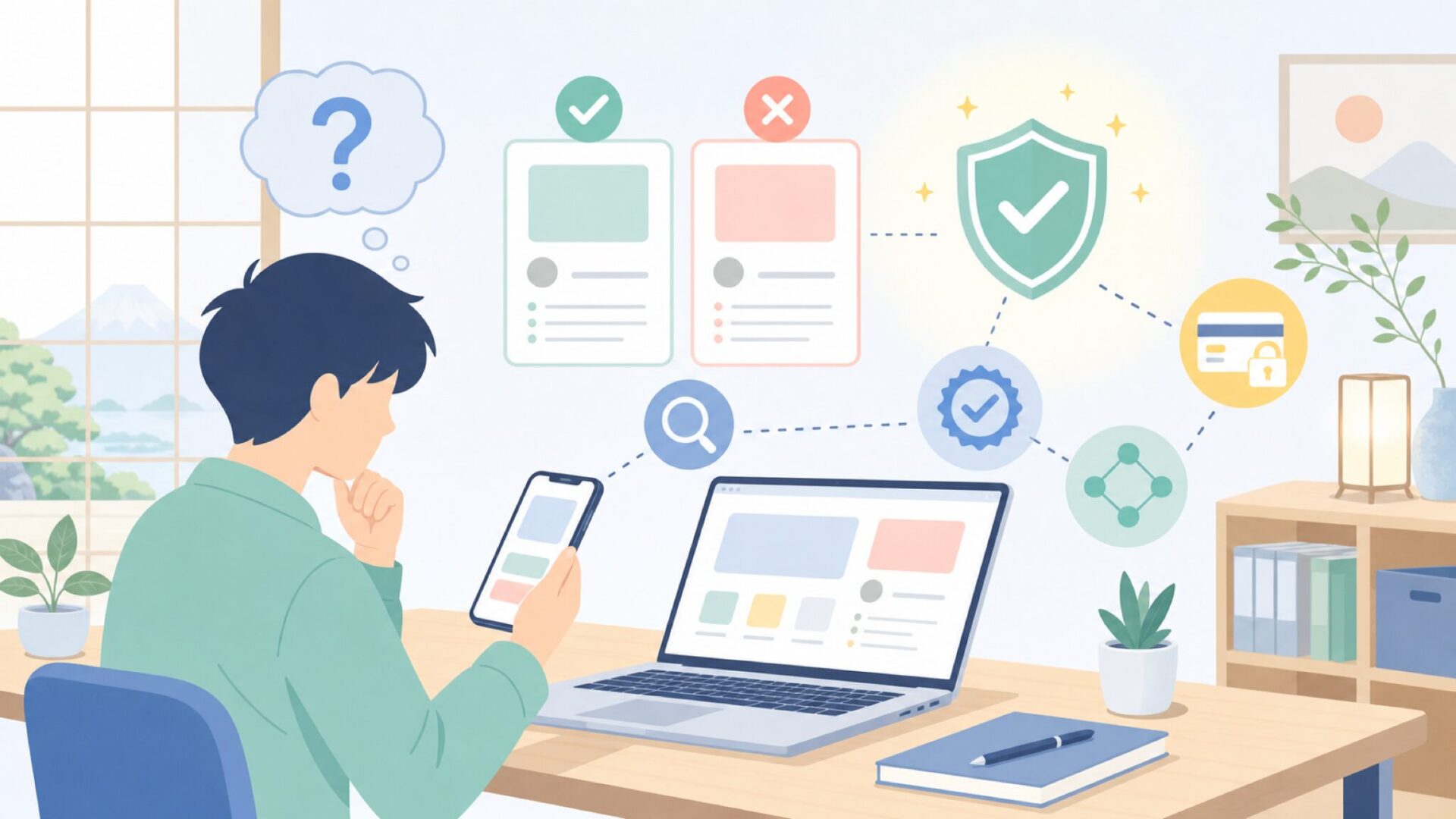 XOOLの運営・販売元は信頼できる？確認のしかたを表すイラスト