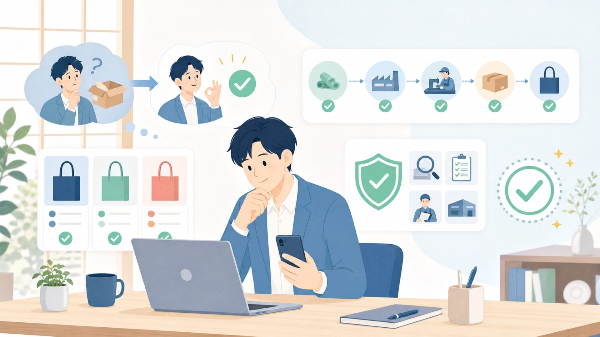 モノボックスの製造国と生産の仕組みを表すイラスト