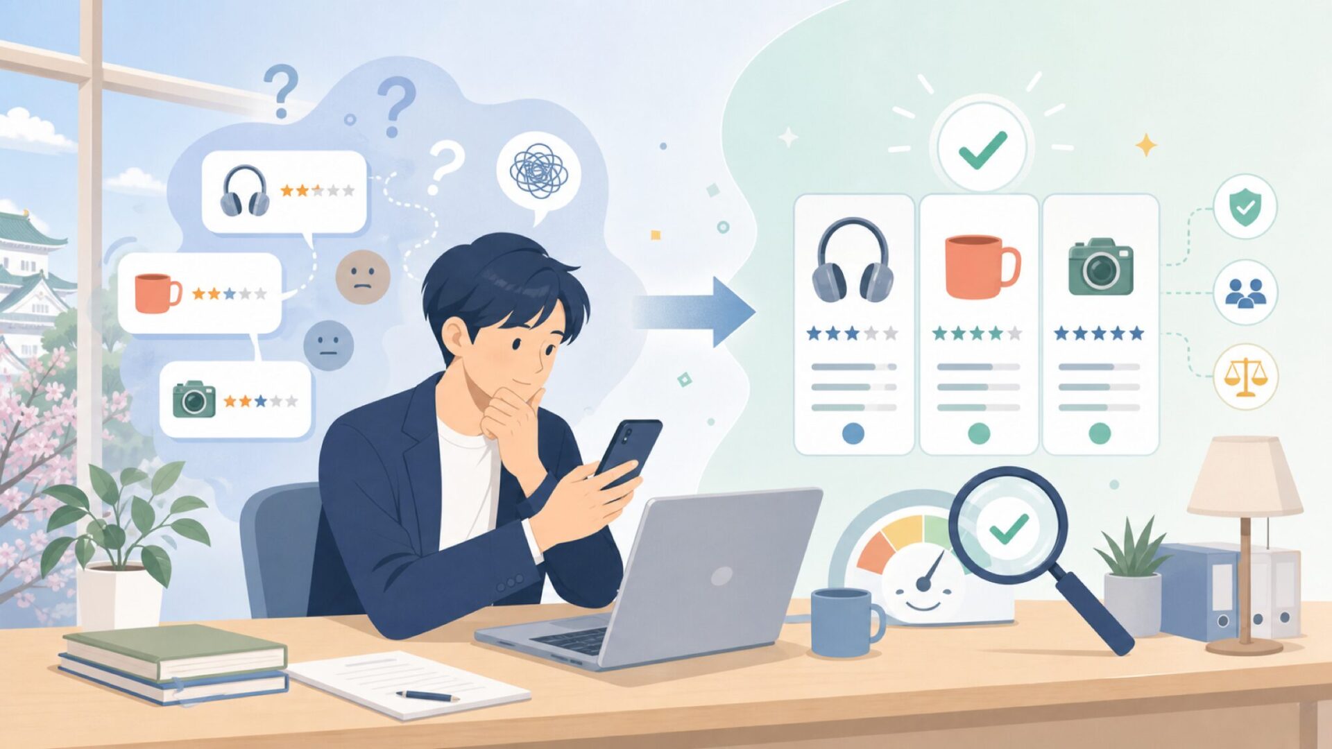 Bivarkのレビューはサクラ？口コミの信頼性を多角的に検証を表すイラスト