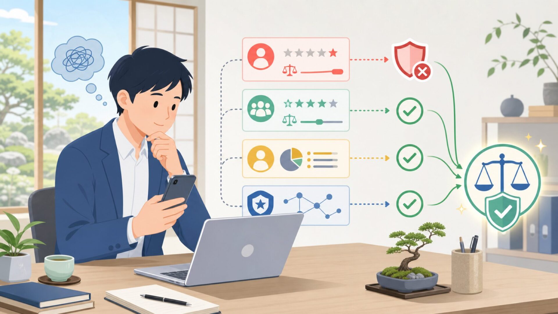 Parsonverの評判・口コミを4つの情報源で裏取りするを表すイラスト