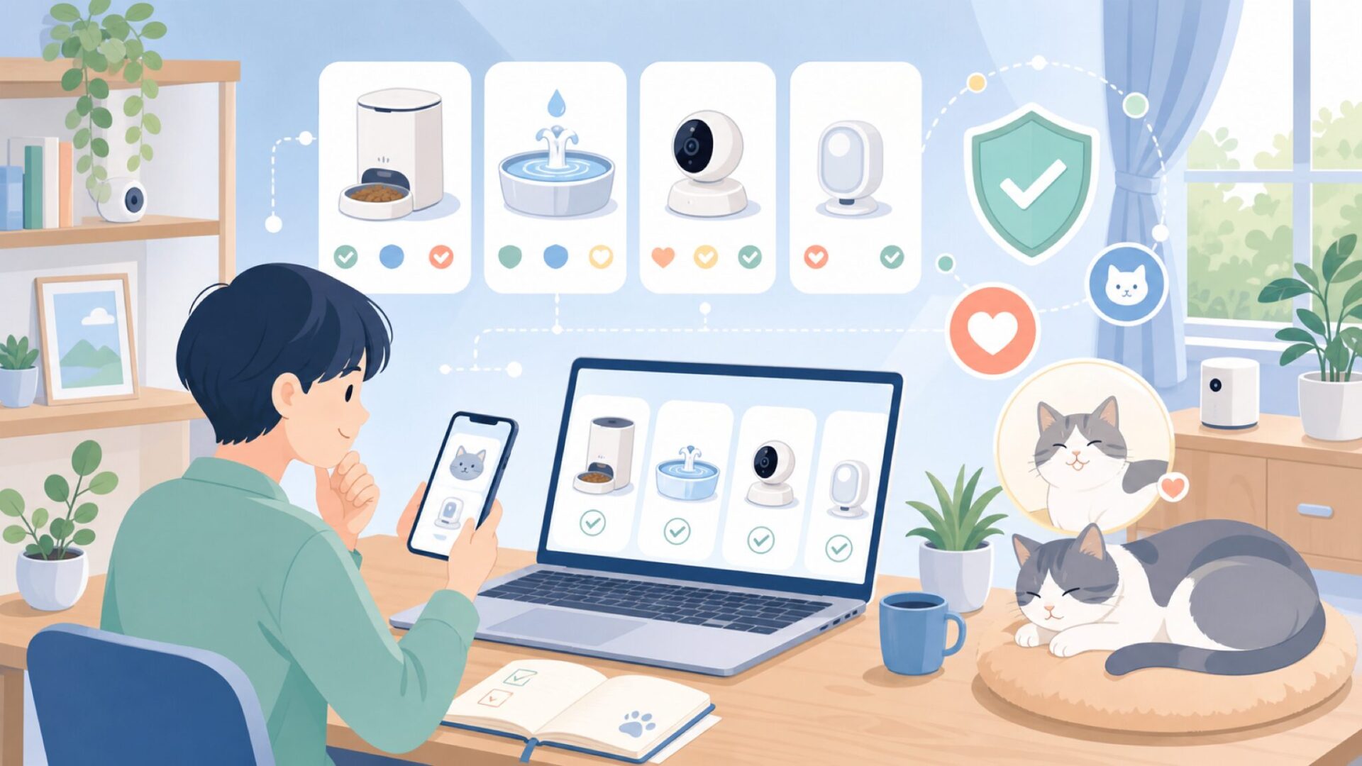 愛猫のために何が揃う？Petoneerの製品ラインナップを表すイラスト