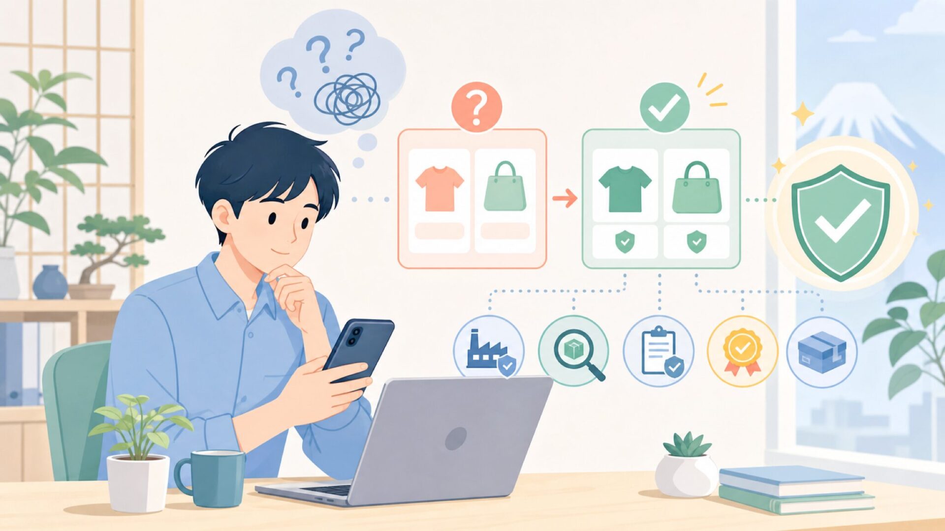 「中国製」への不安を一つずつ解消するを表すイラスト