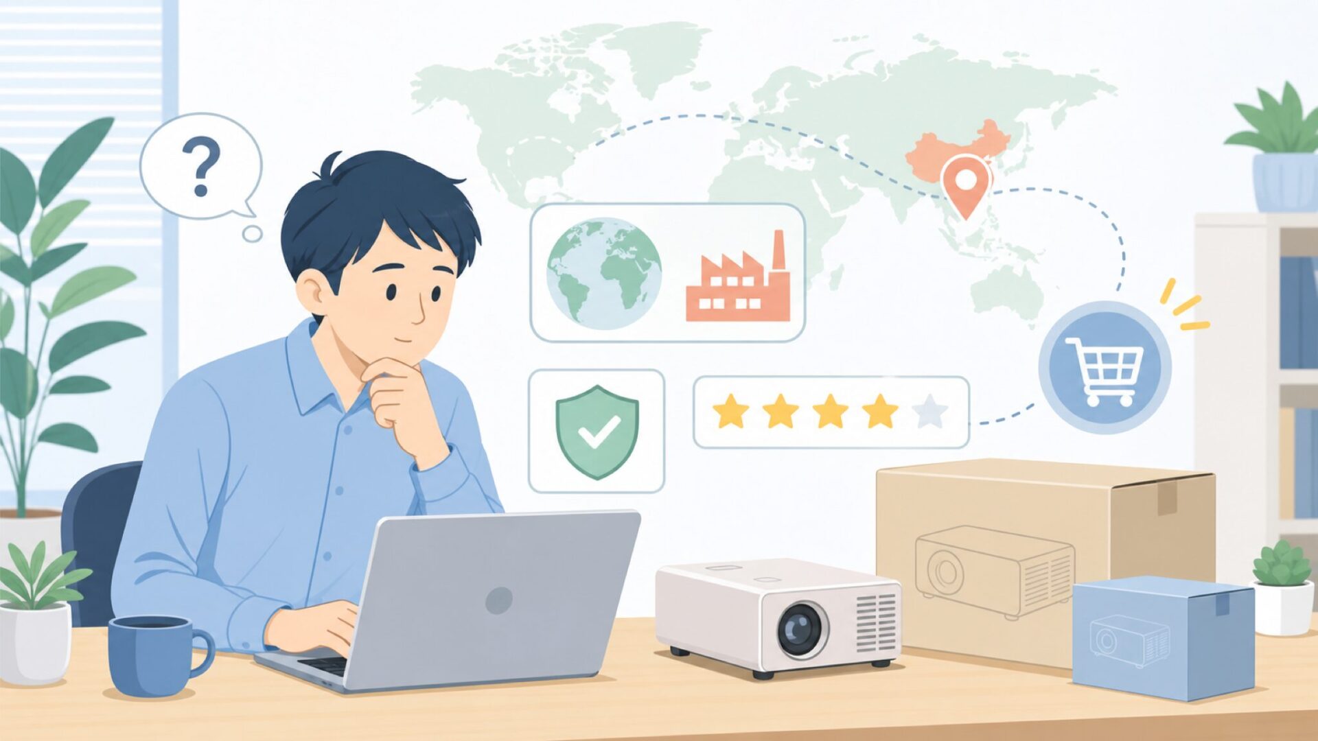 ONOAYOプロジェクターの評判・口コミをSNSとAmazonで調査を表すイラスト