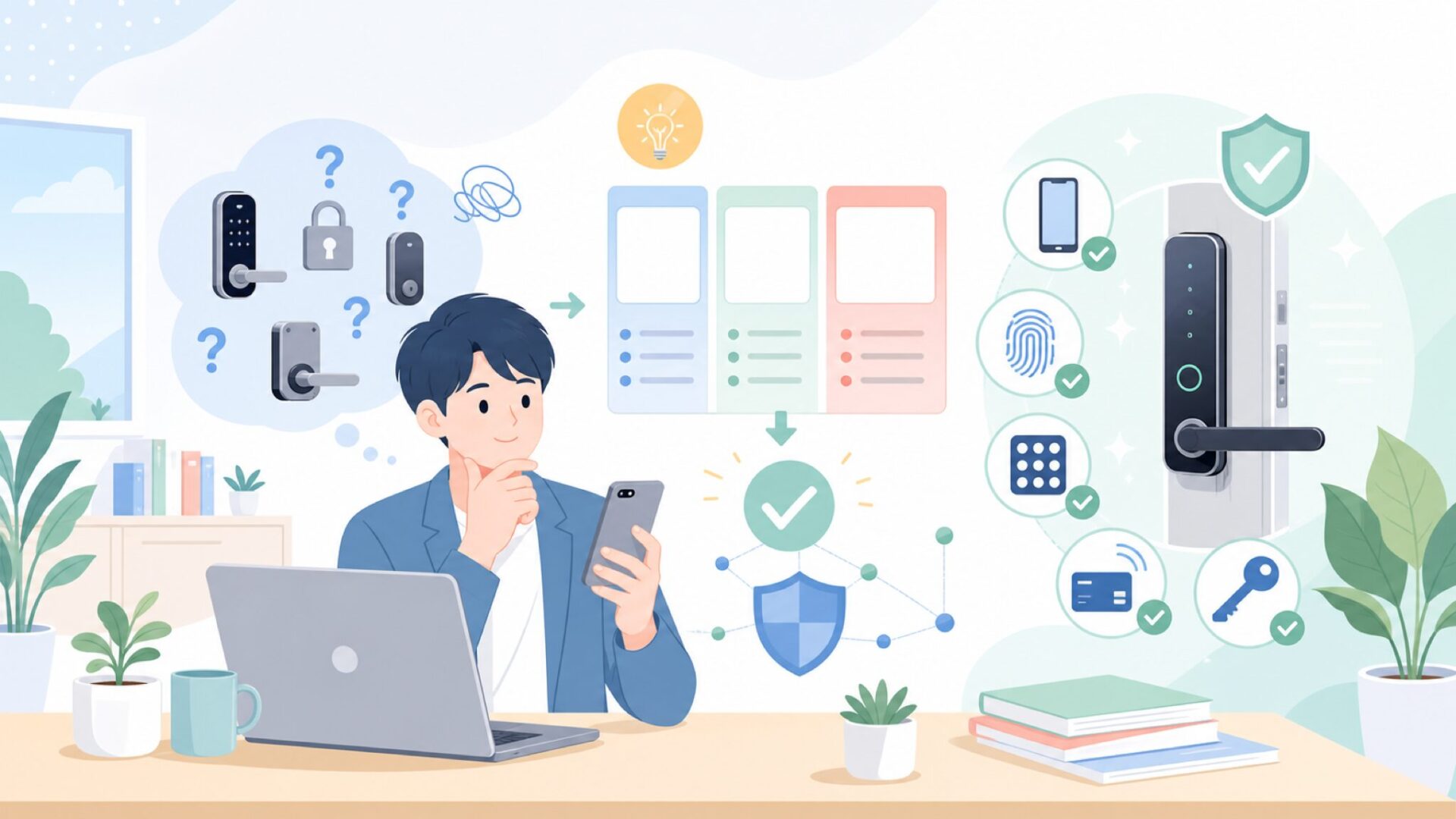 Sifelyスマートロックの特徴と多彩な解錠方式を表すイラスト