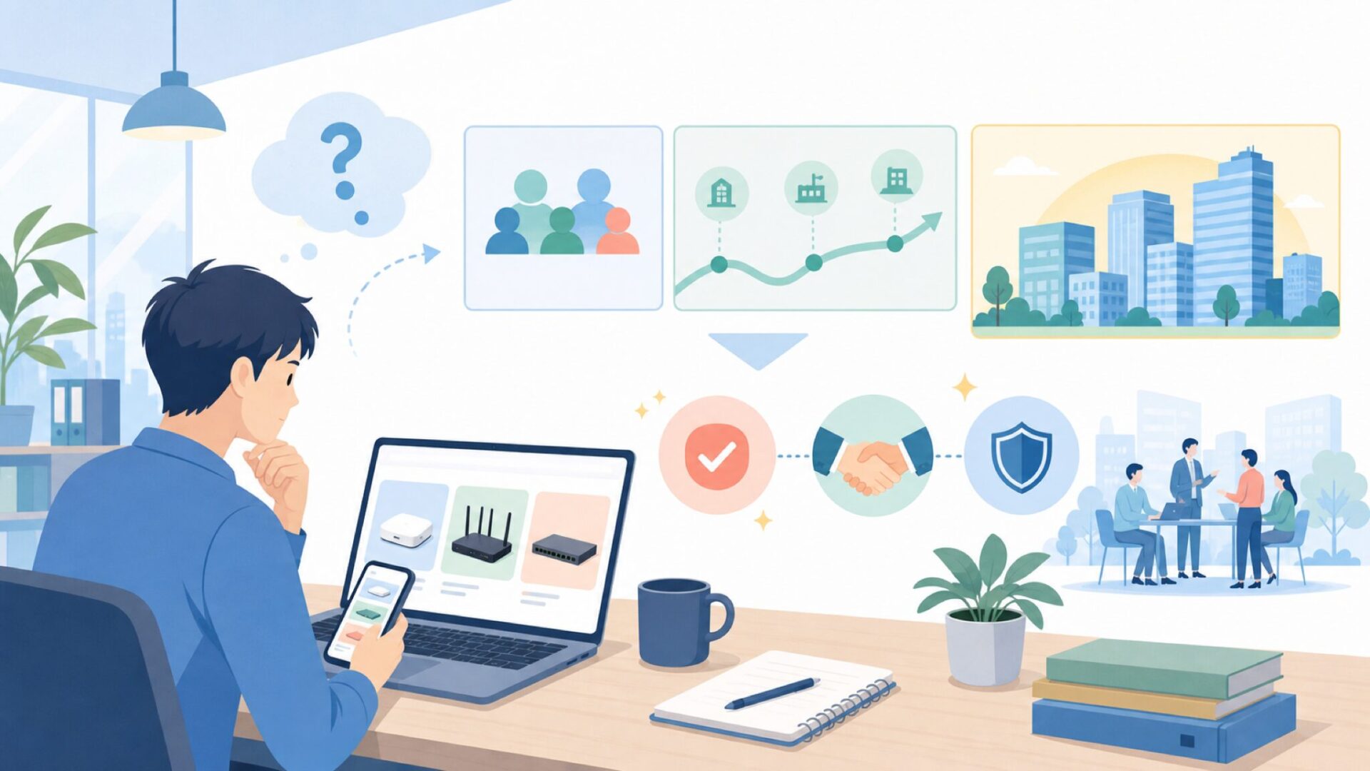 Zyxelはどんな会社?創業の歩みと企業規模を表すイラスト